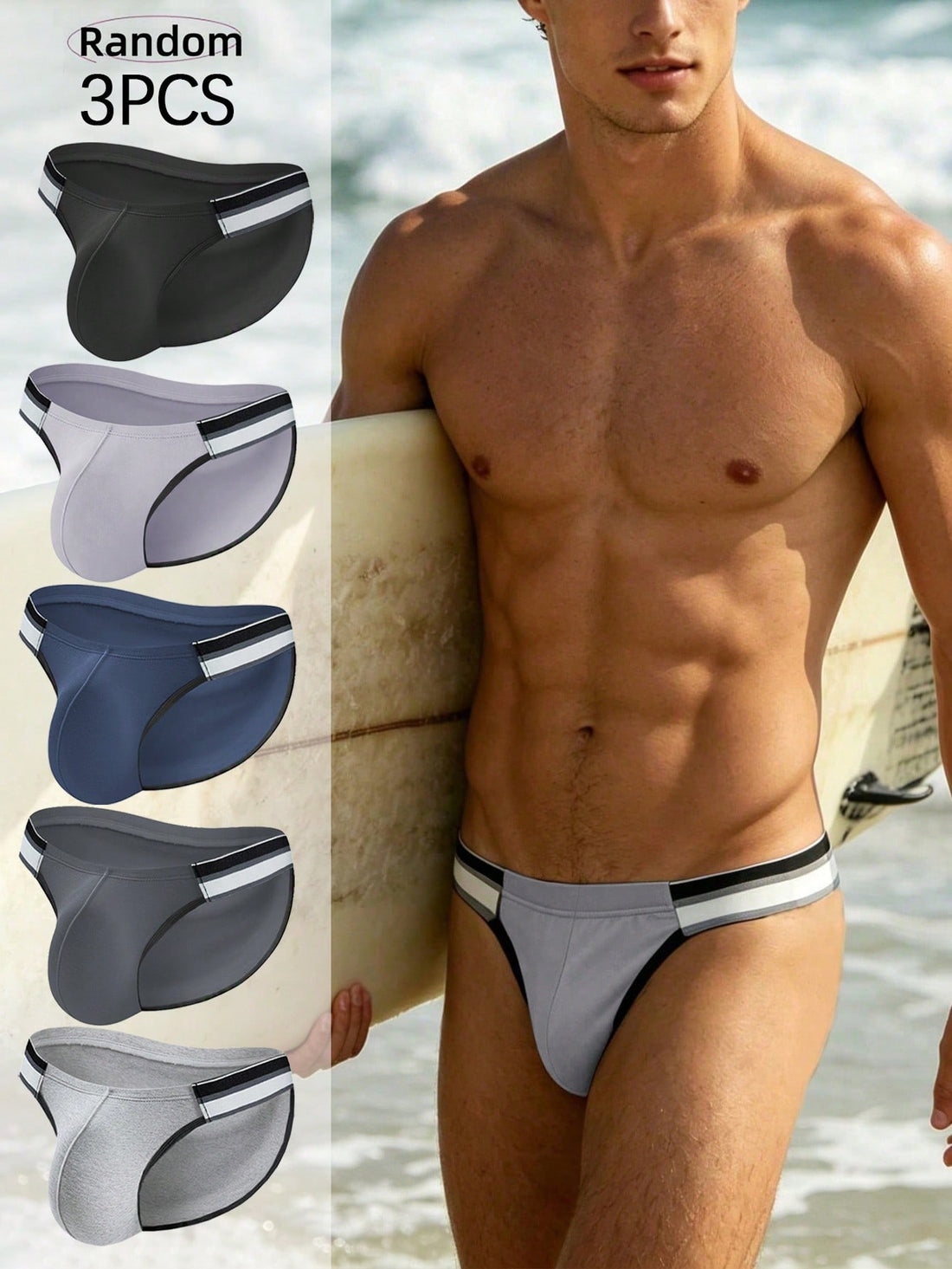 3-pack set of men's high-cut briefs featuring colorblock and plaid patterns with a striped waistband and mid-rise fit.