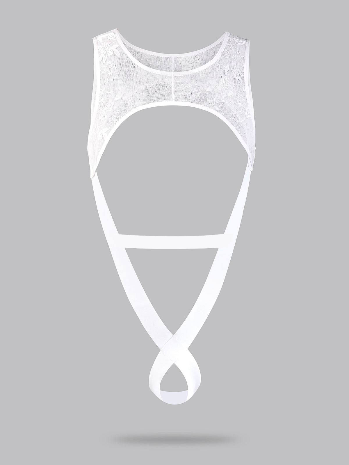 Men's white lace thong bodysuit with a low rise waist in medium stretch knitted fabric.