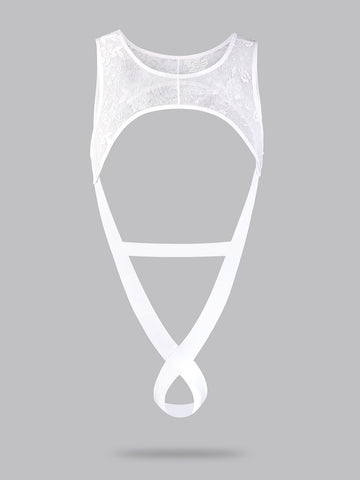Men's white lace thong bodysuit with a low rise waist in medium stretch knitted fabric.
