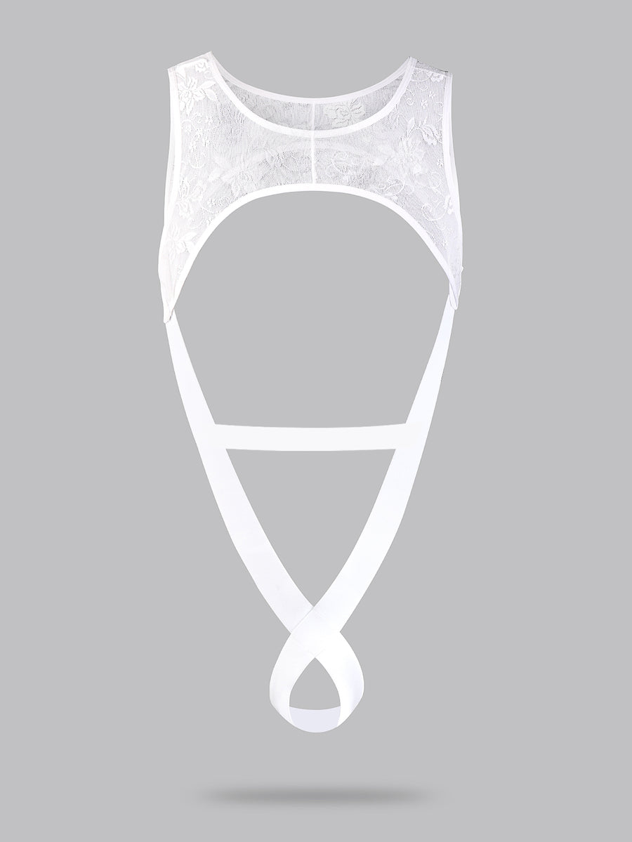 Men's white lace thong bodysuit with a low rise waist in medium stretch knitted fabric.