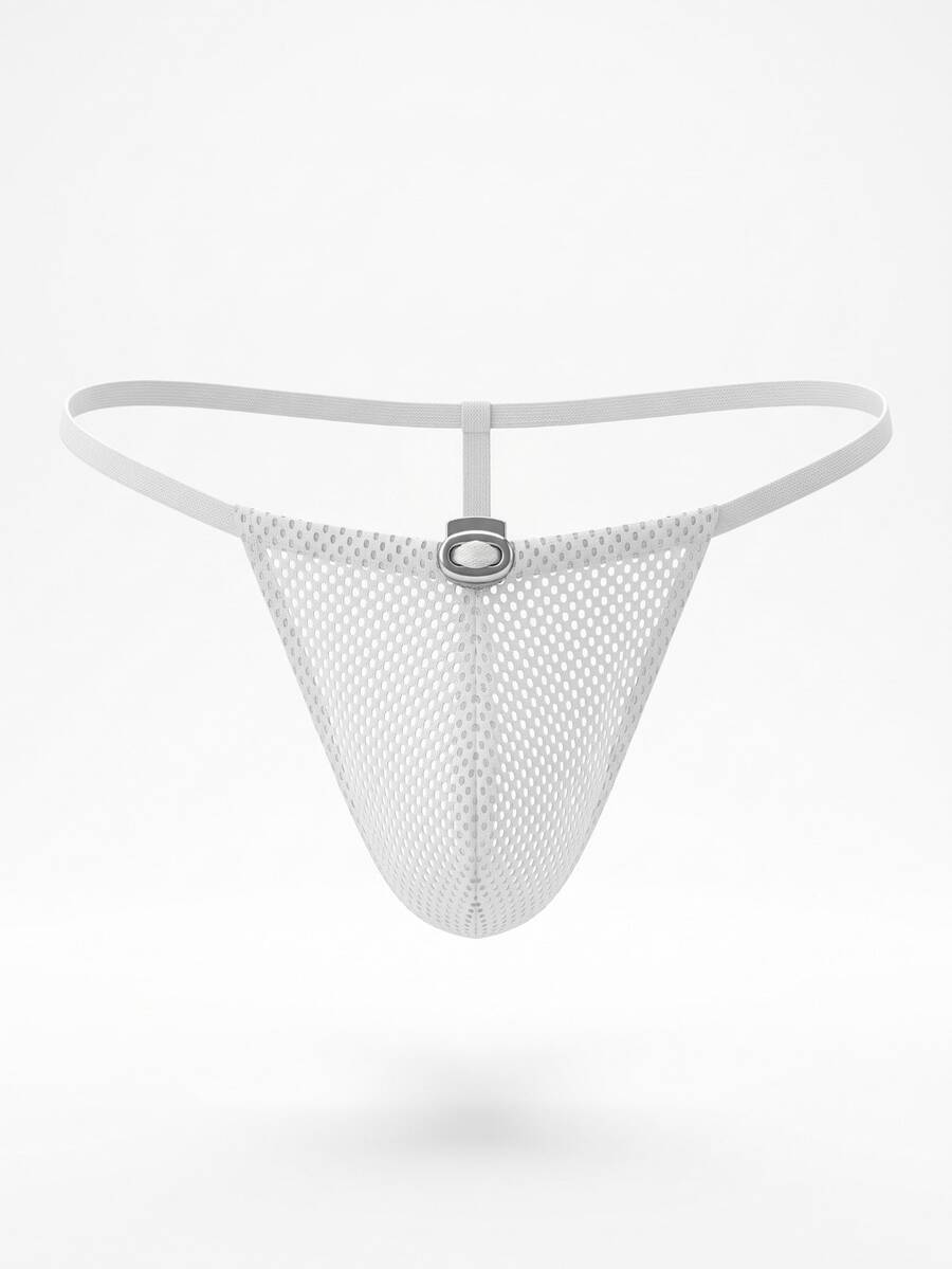 White men's low rise V-string thong underwear made of knitted polyester stretch fabric.