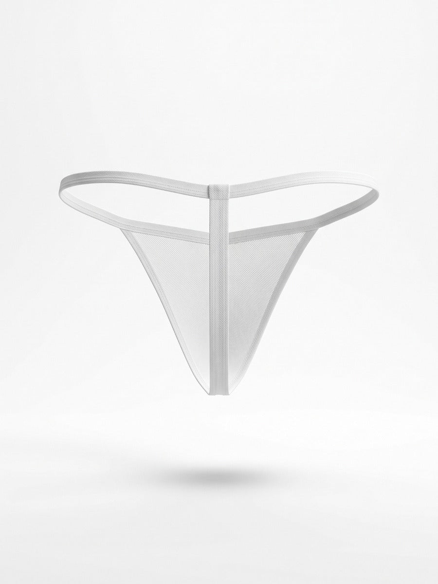 White men's low rise V-string thong underwear made of knitted polyester stretch fabric.