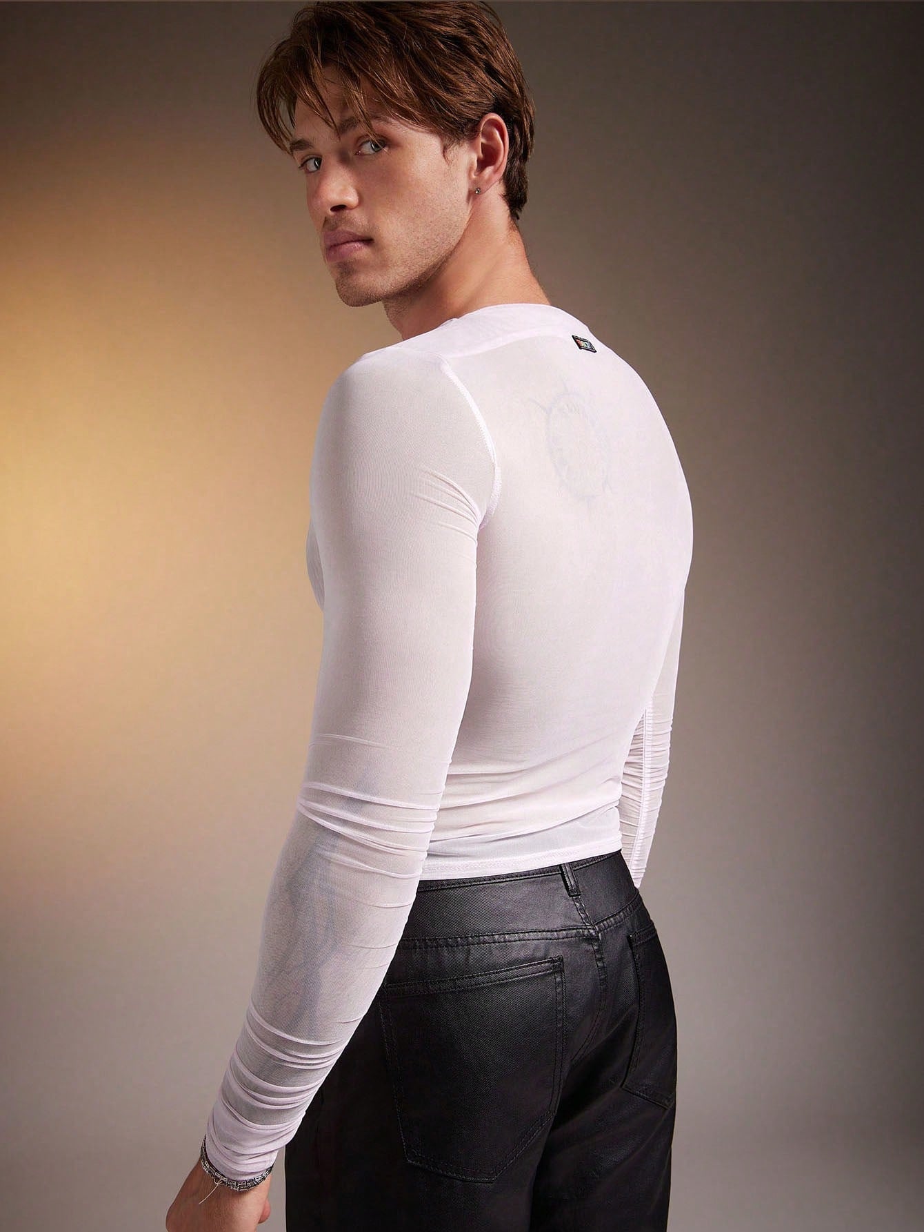 Men's Asymmetric Collar Sheer Long Sleeve Slim Fit T-Shirt
