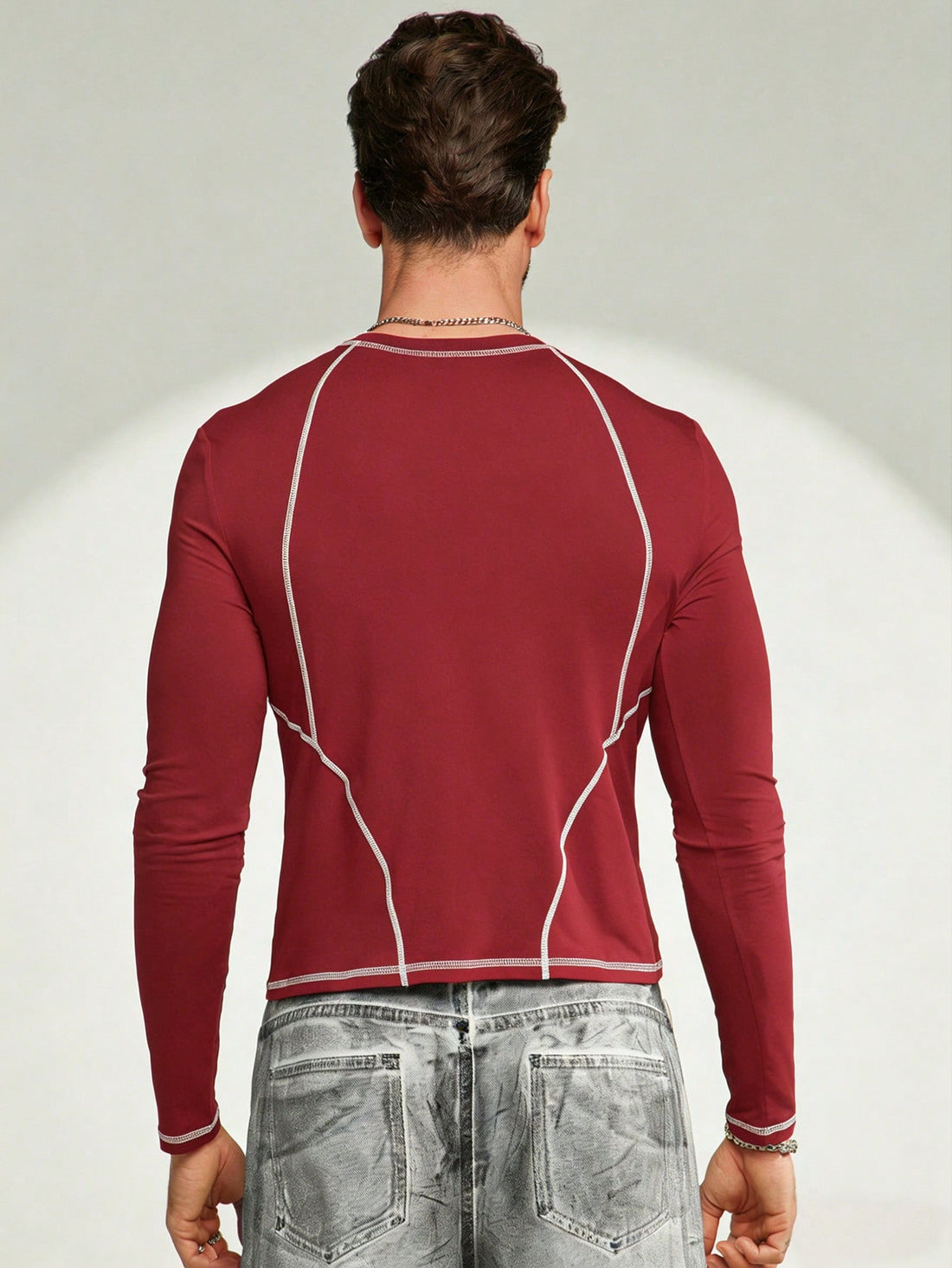 Men's Casual Fashion Street Star Print Contrast Stitch Long Sleeve Cropped T-Shirt