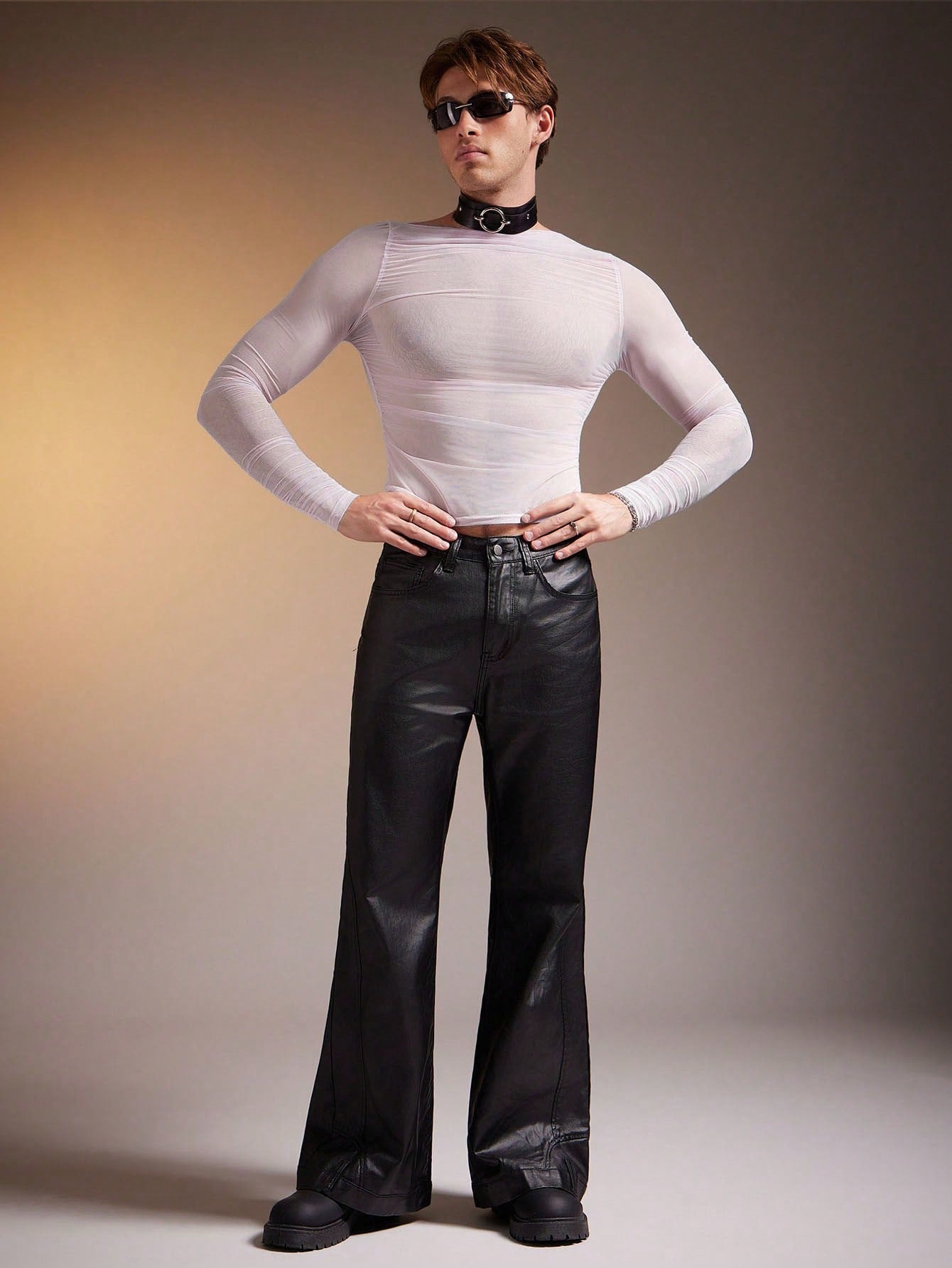 Men's Asymmetric Collar Sheer Long Sleeve Slim Fit T-Shirt