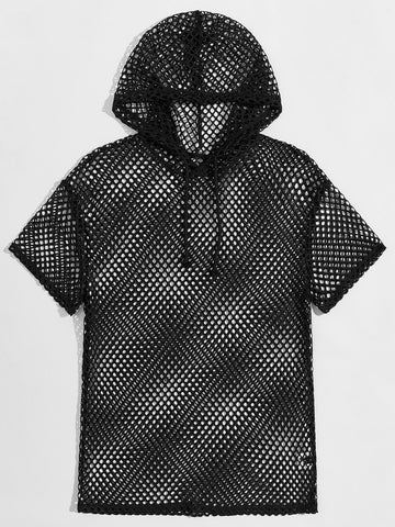 Men's Fishnet Mesh Hooded Short Sleeve Top