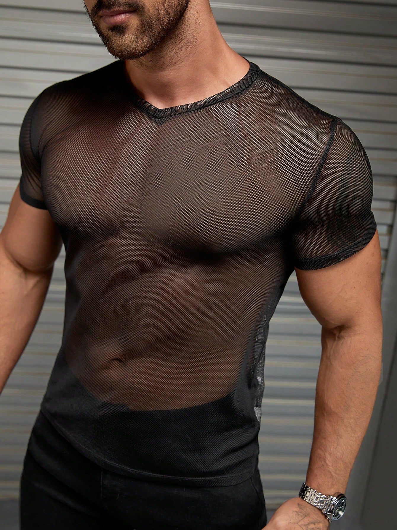 Men's V-Neck Fishnet Short Sleeve T-Shirt