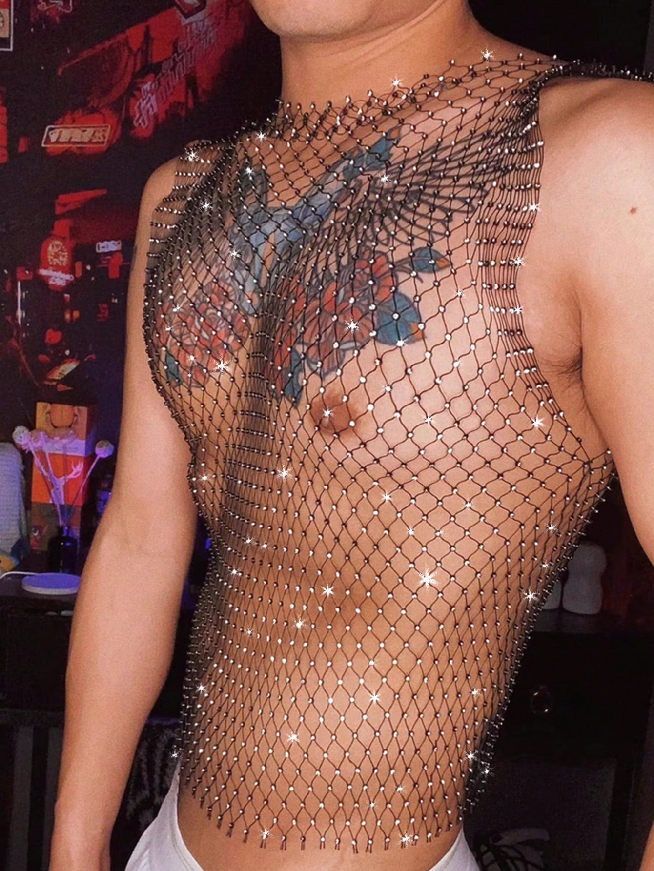 Men’s Casual Crop Top With Rhinestone Accent Fabric Design