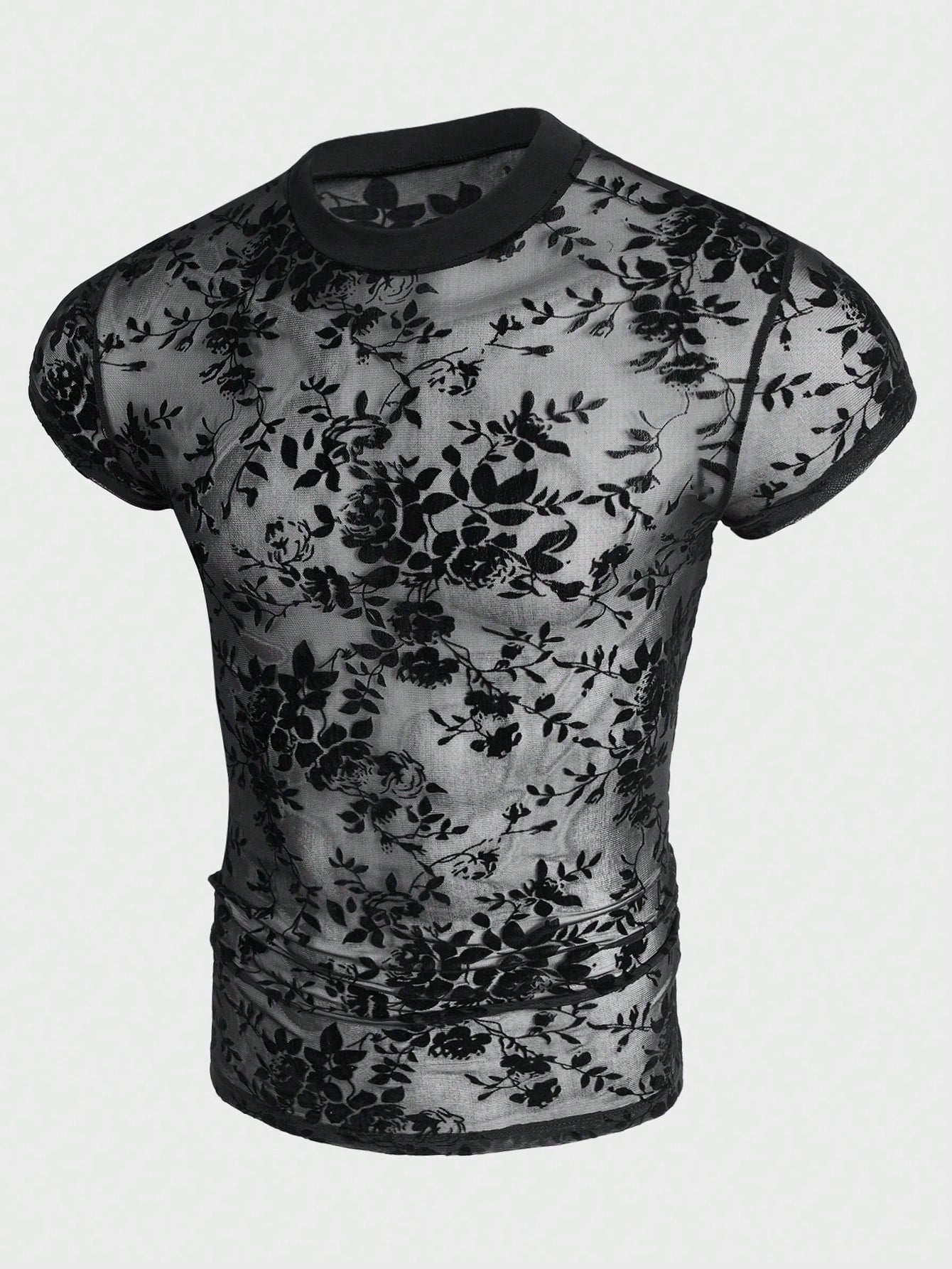 Men Floral Print Sheer Flocking Tee