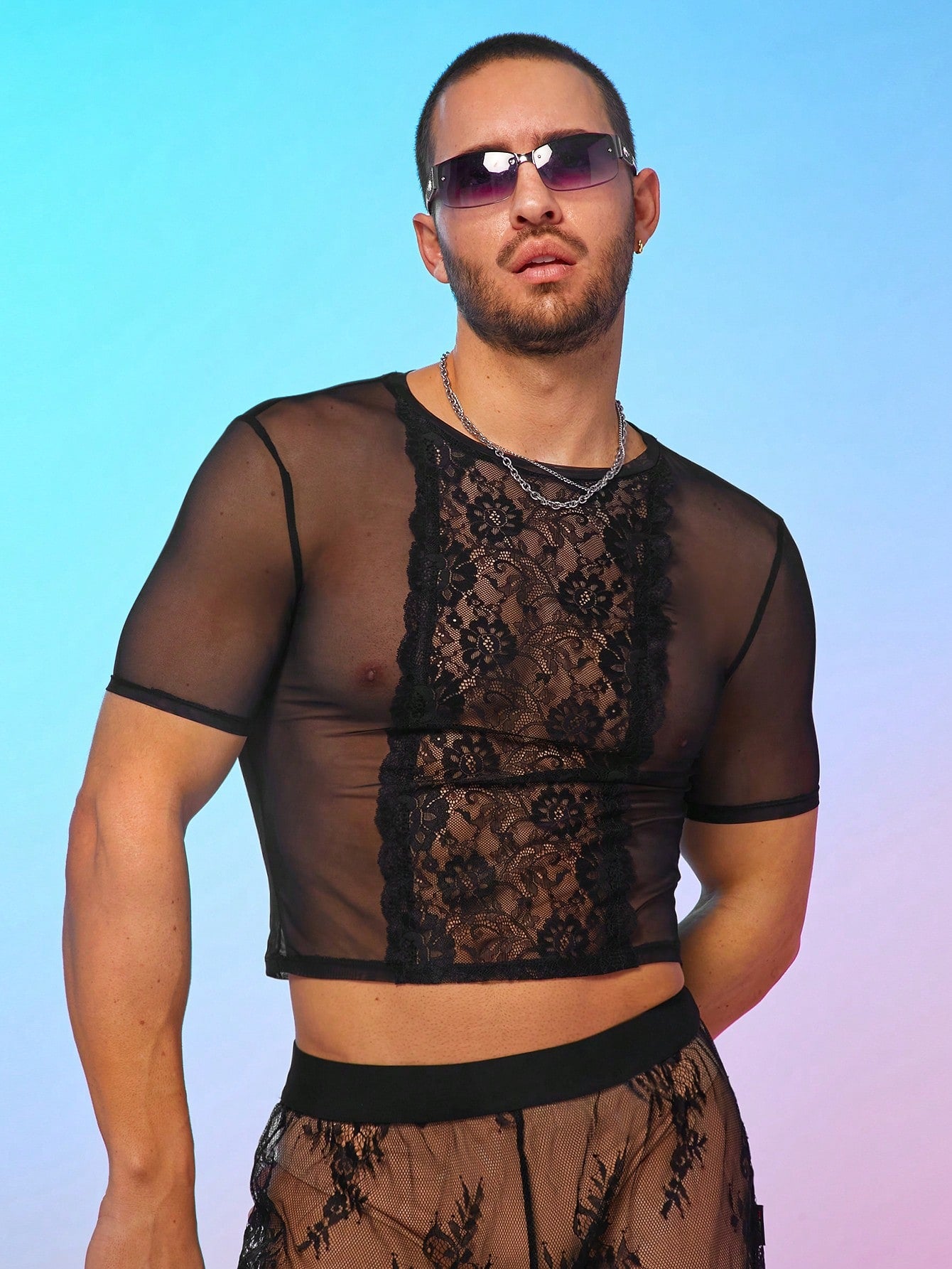 Men's Mesh & Lace Patchwork Round Neck T-Shirt