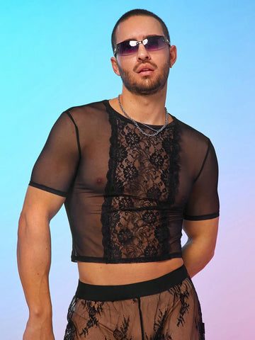 Men's Mesh & Lace Patchwork Round Neck T-Shirt