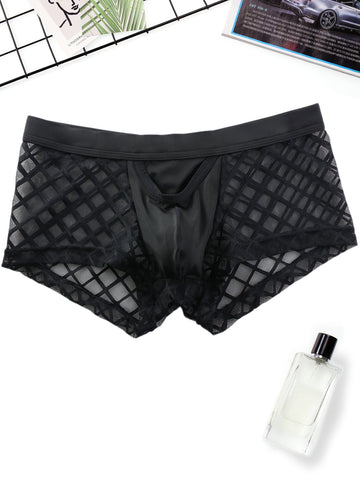 Men’s Casual Shorts With Plaid Pattern And Fabric Panel