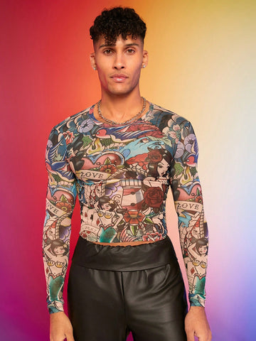 Men Funny Cartoon Print Slim Fit Long Sleeve T-Shirt