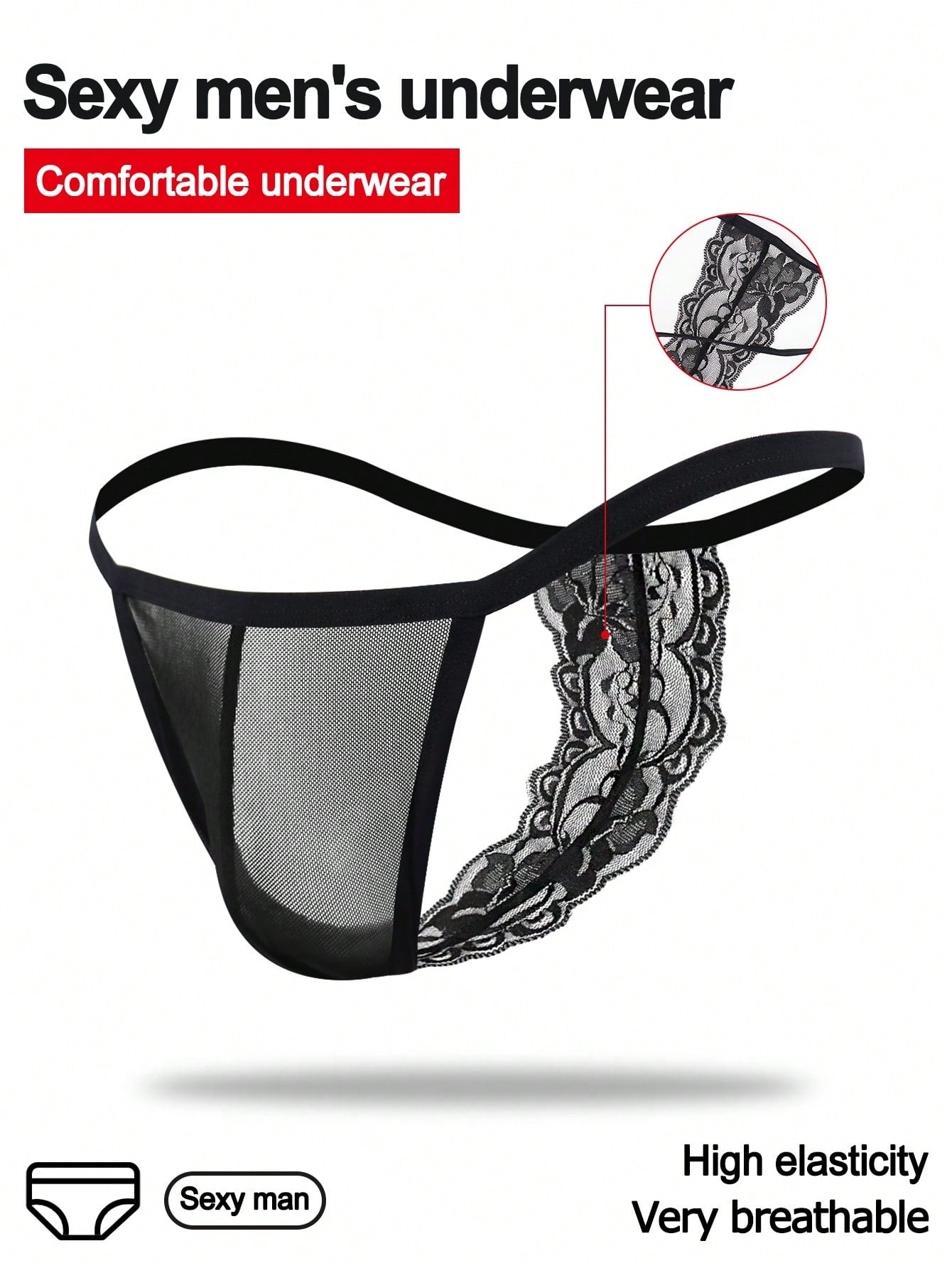 Men’s Lightweight Shorts Black Mesh With Lace Trim Waist