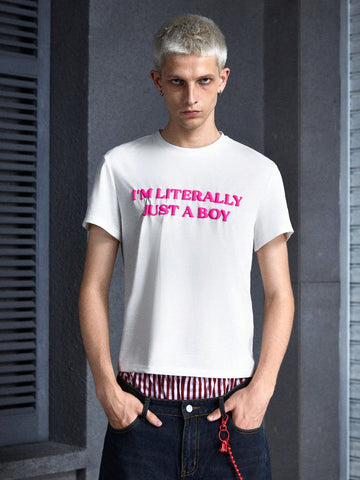 Men's Y2K Festival Ghost White Knitted Rose Red Letter Foaming Printing Loose Drop Shoulder Small Round Neck Young Casual Short Sleeve T-Shirt