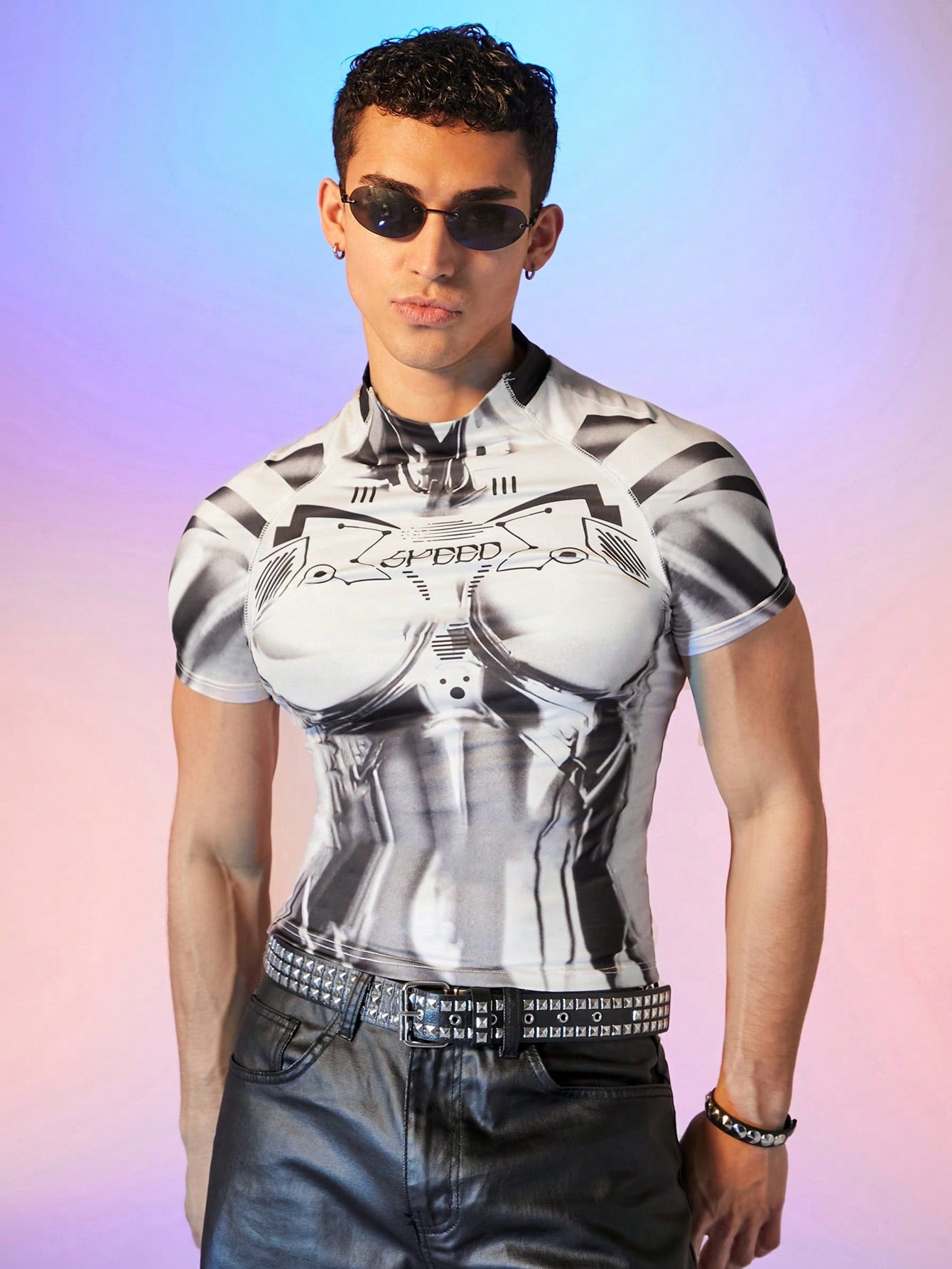 Unisex Streetwear Mechanic Print Raglan Sleeve Cropped Tee