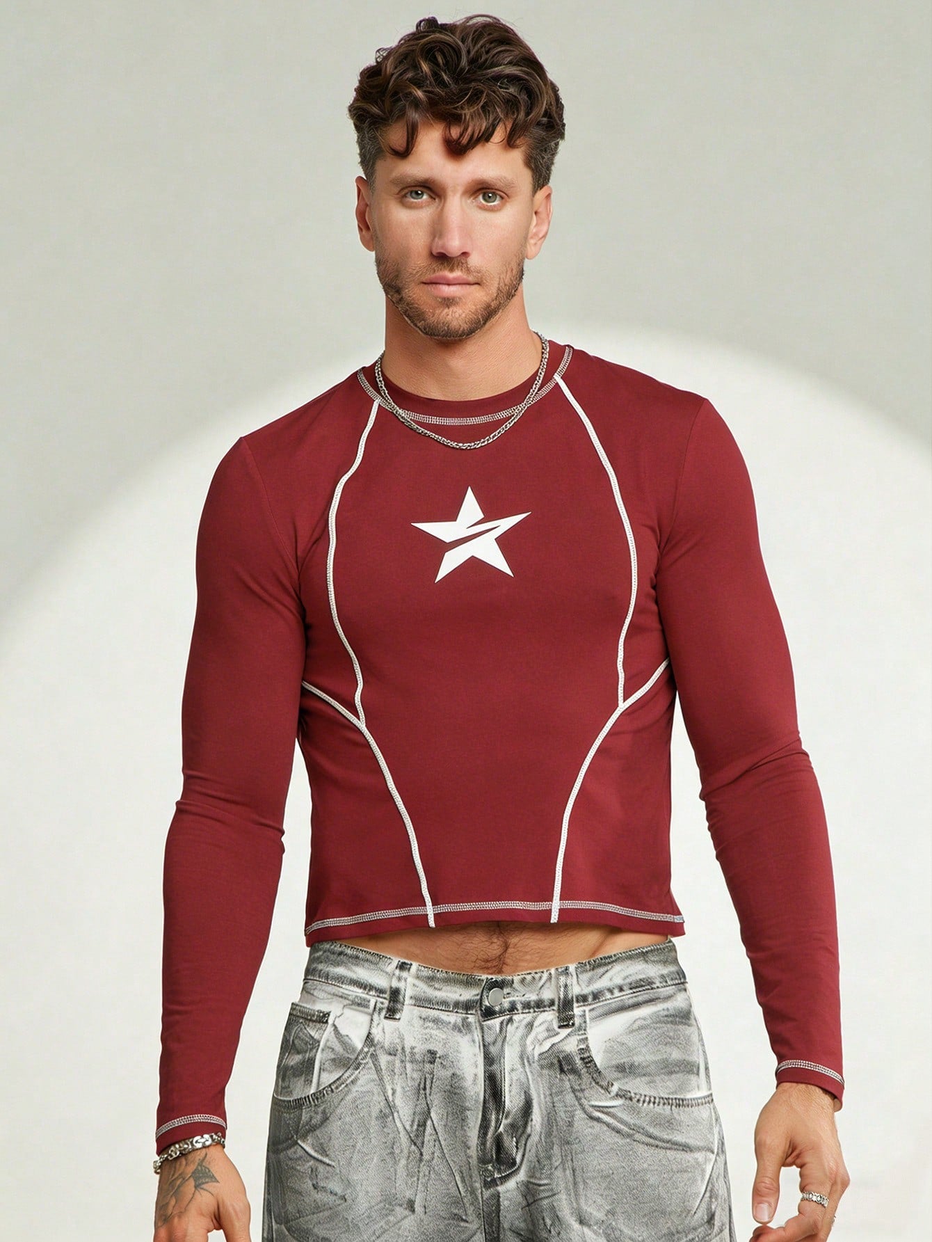 Men's Casual Fashion Street Star Print Contrast Stitch Long Sleeve Cropped T-Shirt