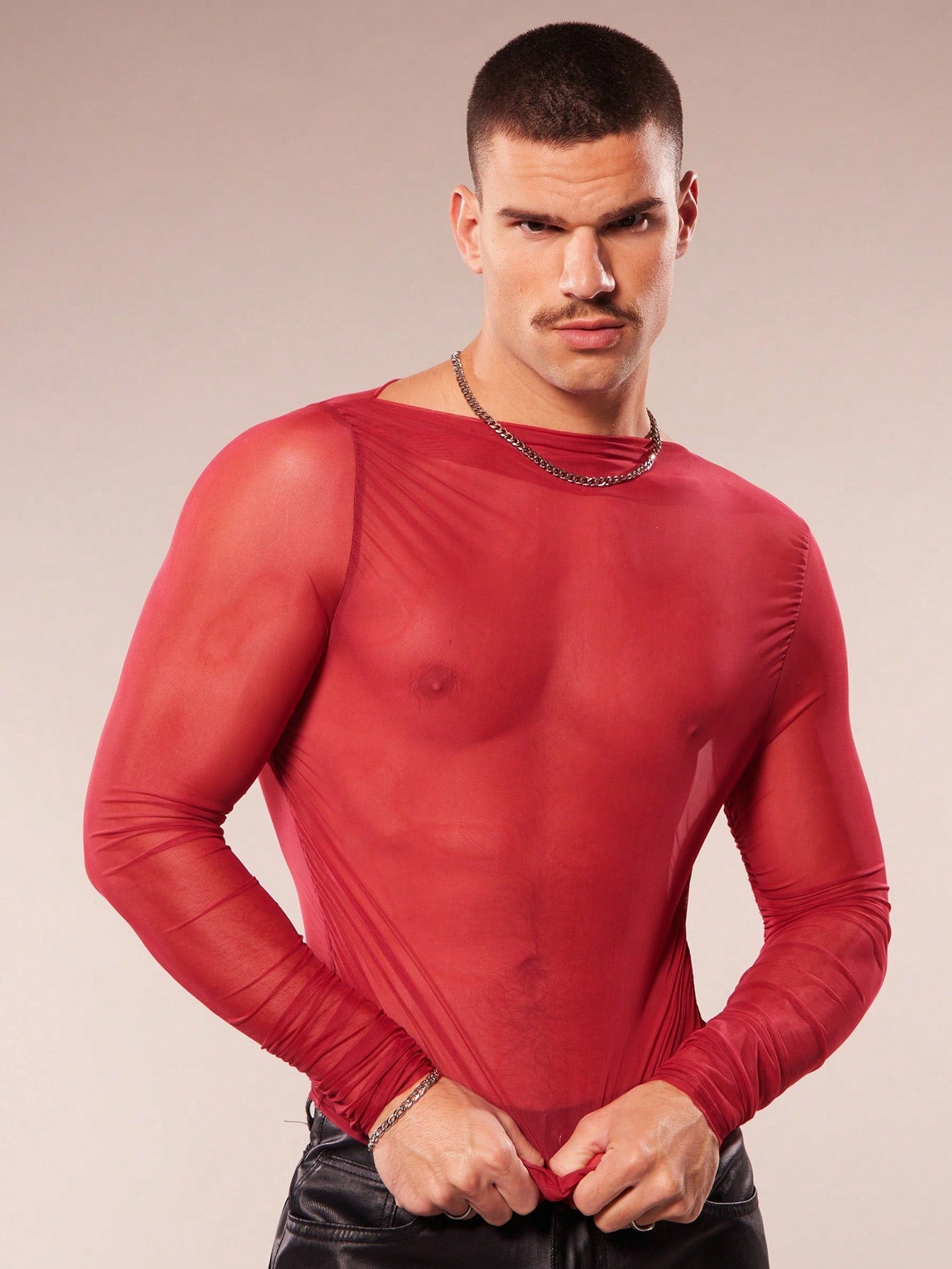 Men's Asymmetric Collar Sheer Long Sleeve Slim Fit T-Shirt