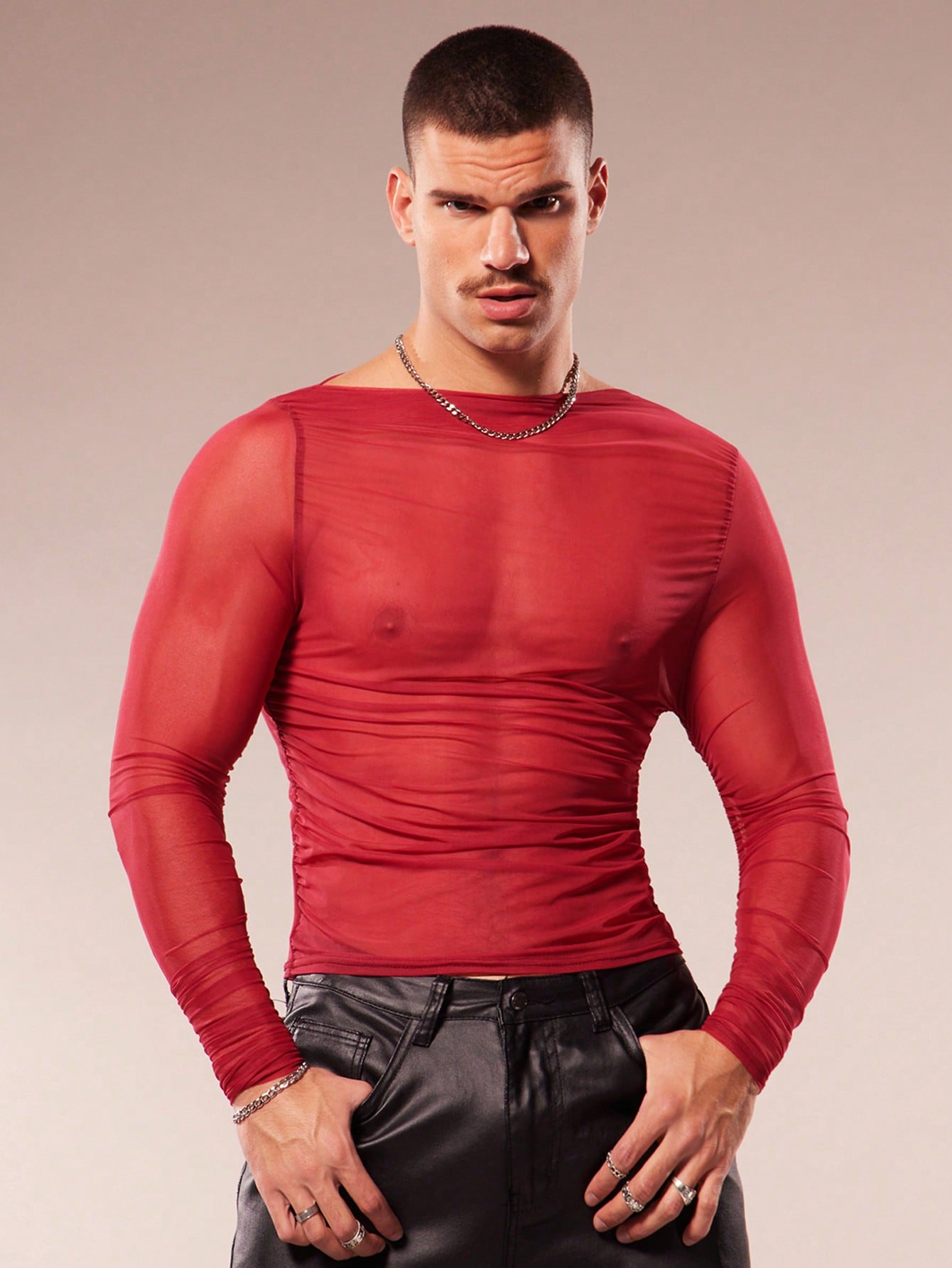 Men's Asymmetric Collar Sheer Long Sleeve Slim Fit T-Shirt