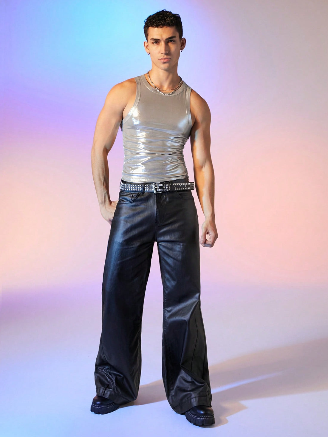 Unisex Street Style Silver Silk Fitted Sleeveless Crop Top