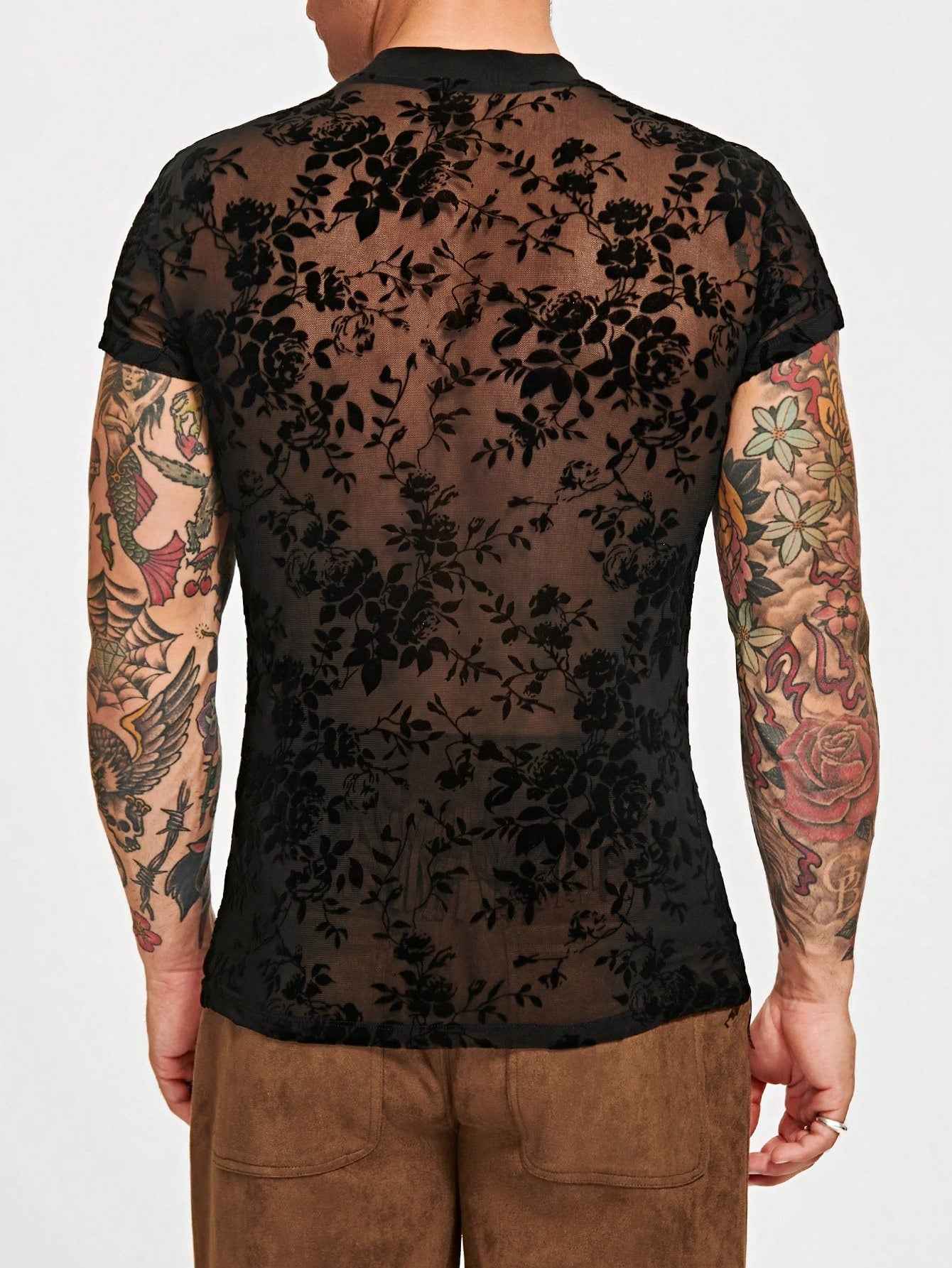 Men Floral Print Sheer Flocking Tee