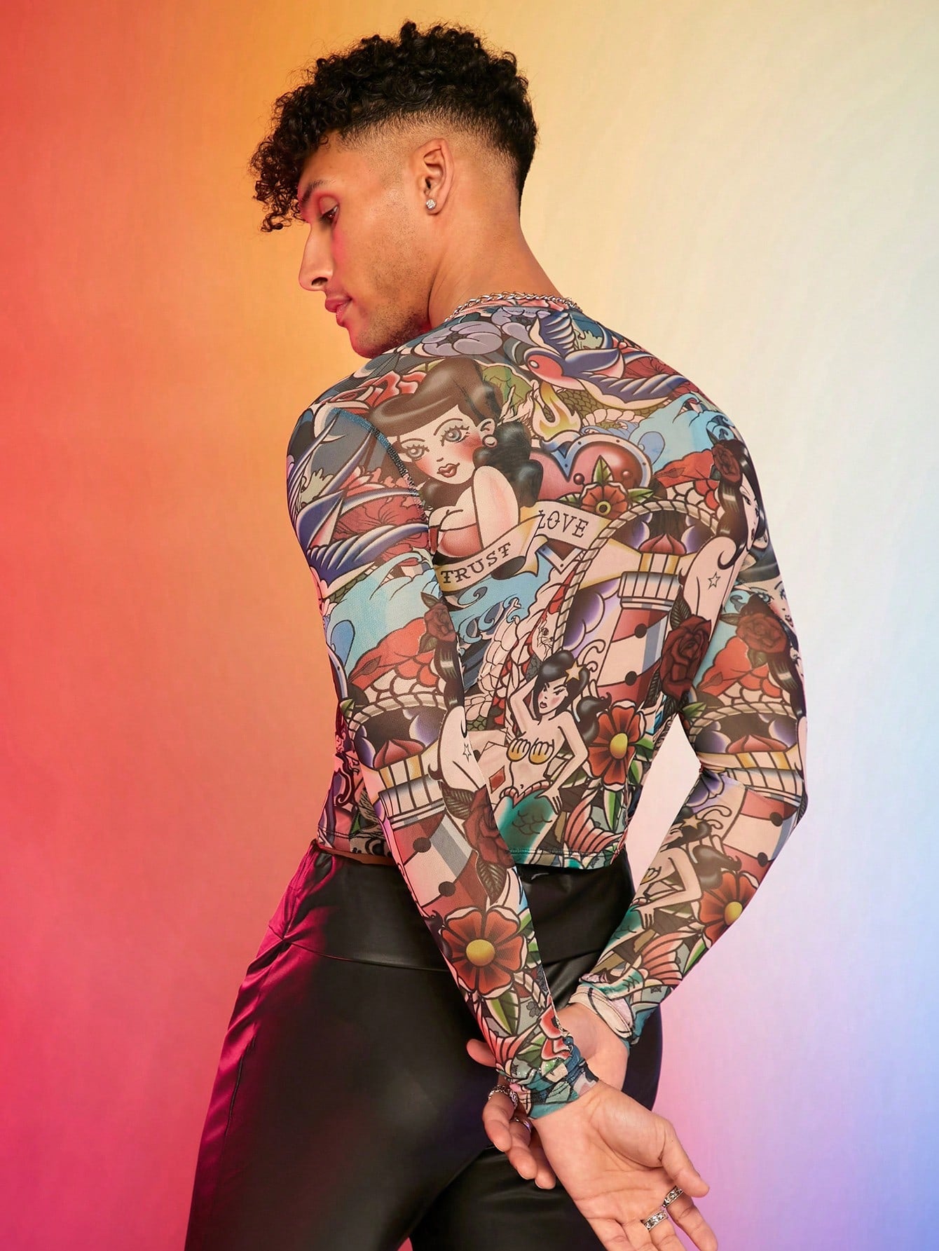 Men Funny Cartoon Print Slim Fit Long Sleeve T-Shirt