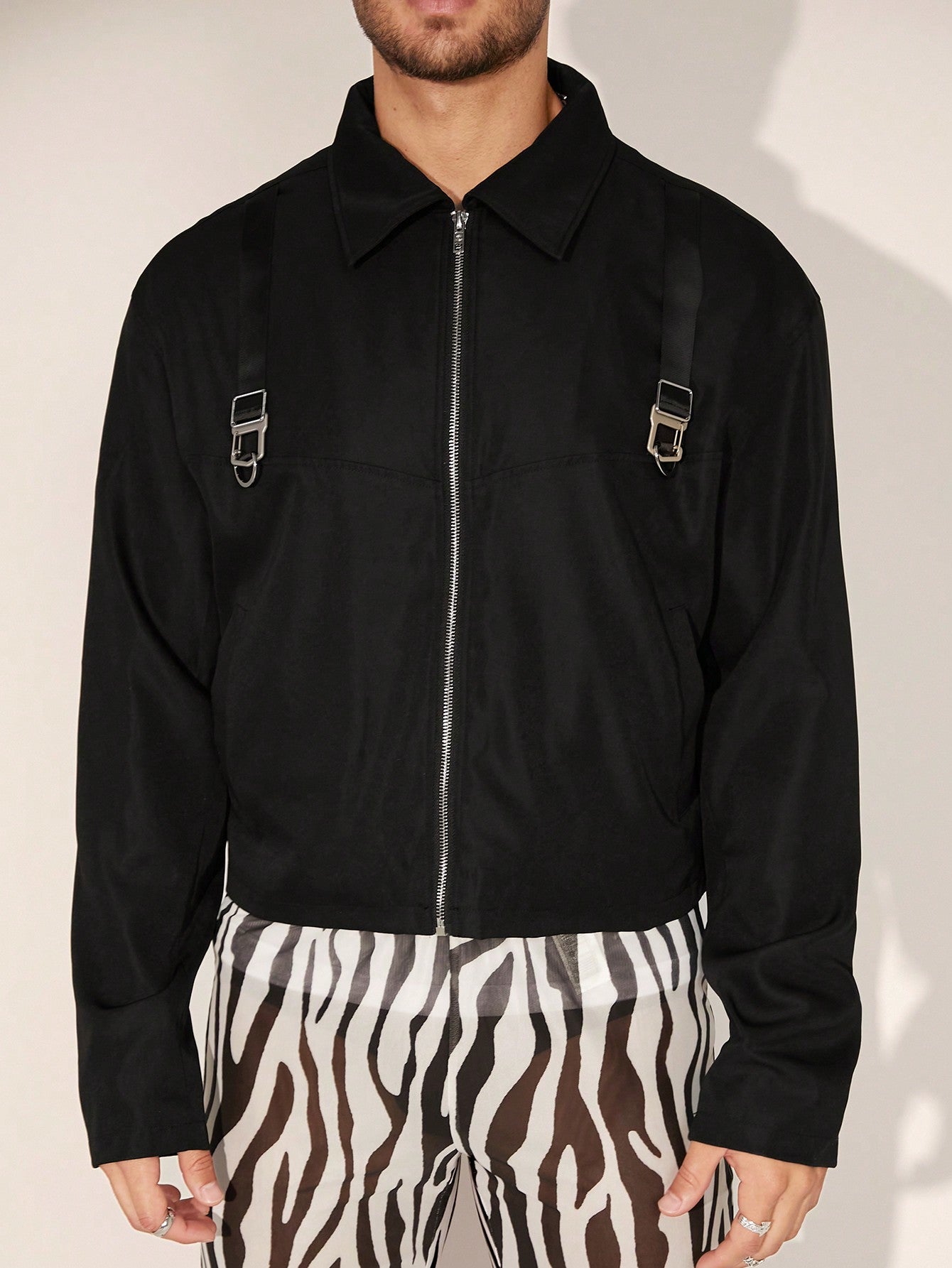 Men Buckle Detail Zip Up Jacket