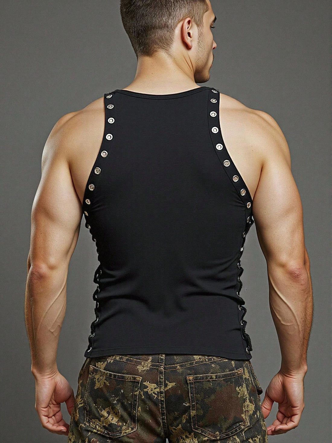 Men's Solid Color Eyelet Lace-Up Round Neck Top
