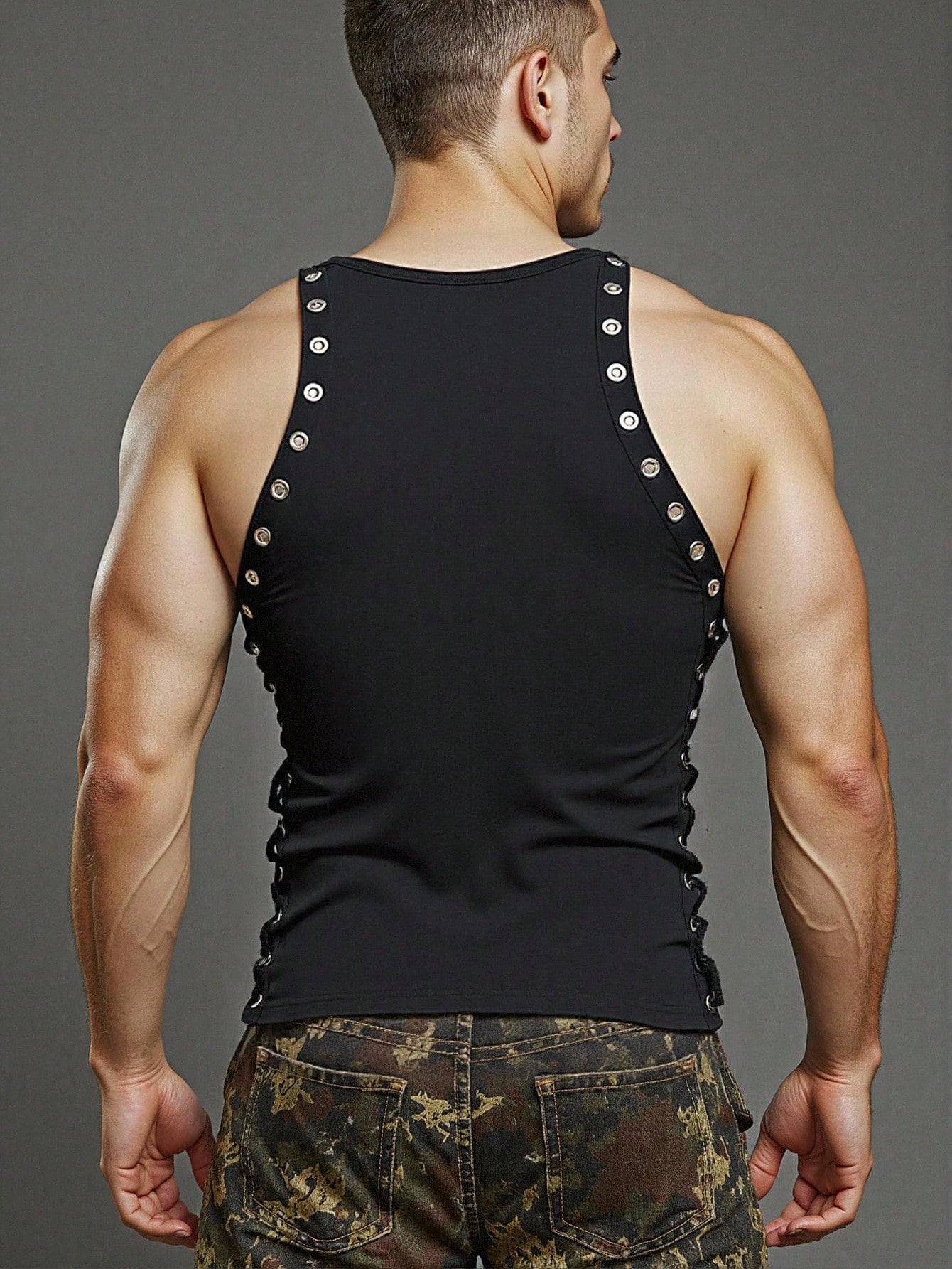 Men's Solid Color Eyelet Lace-Up Round Neck Top