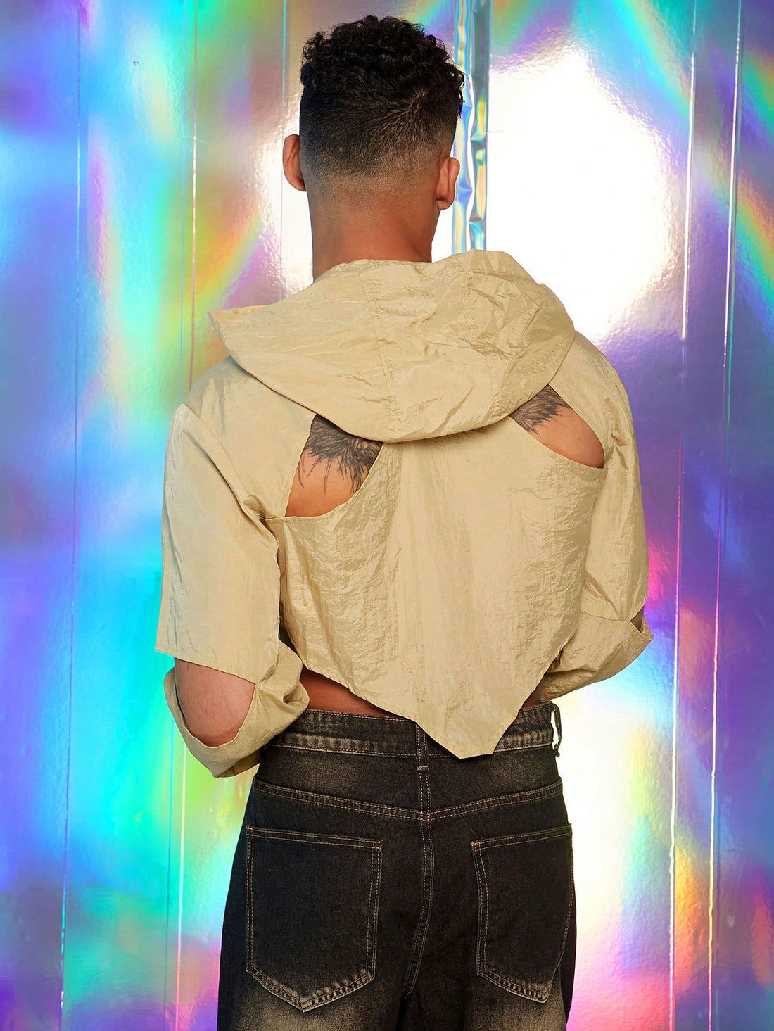 Men's Hollow-Out Long Sleeve Hooded Cropped Jacket