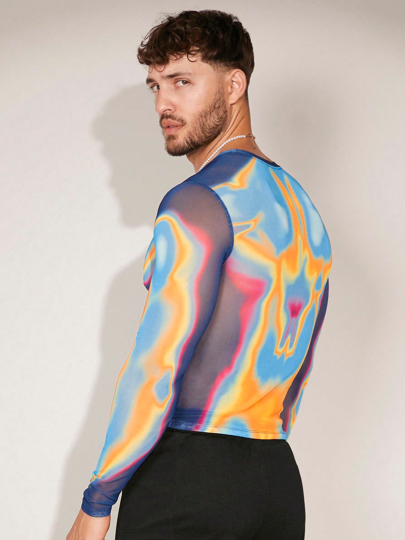 Men Body Heat Map Graphic Print Sheer Mesh Long Sleeve Tee