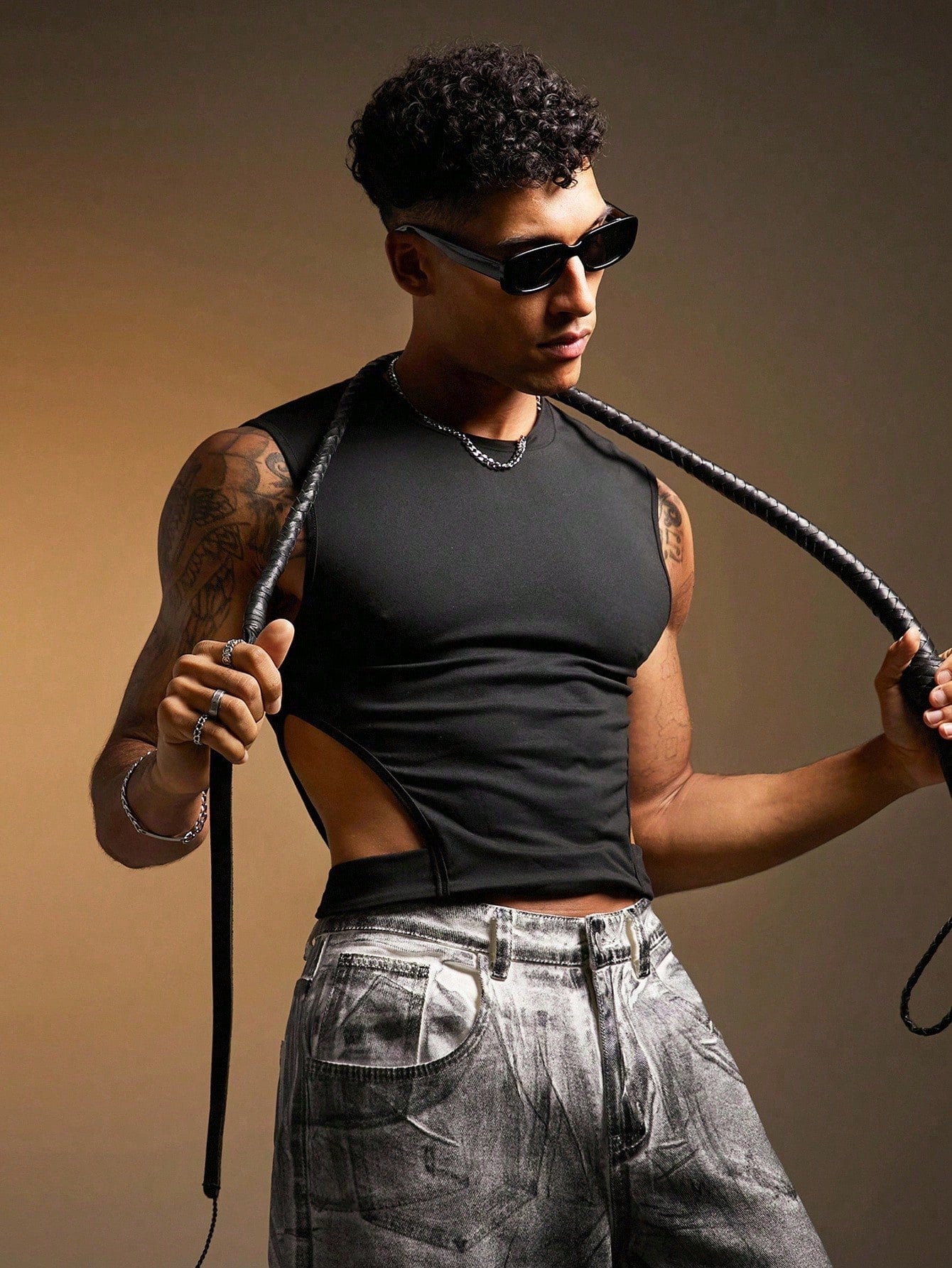 Men's Solid Color Round Neck Side Hollow Out Slim Fit Tank Top