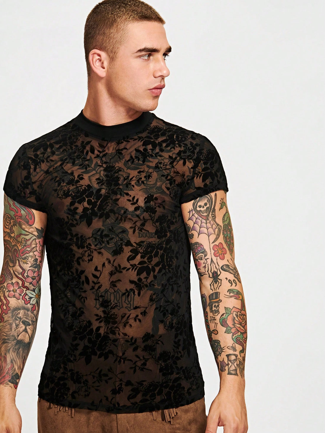 Men Floral Print Sheer Flocking Tee