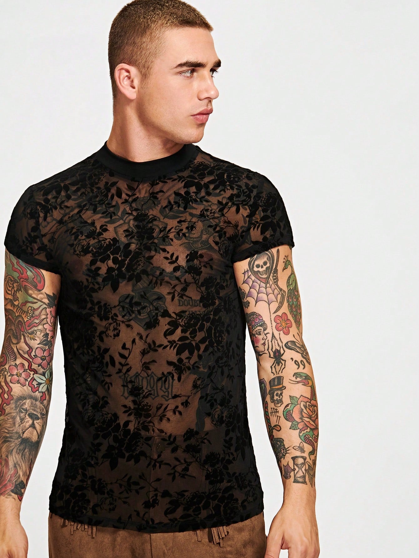 Men Floral Print Sheer Flocking Tee