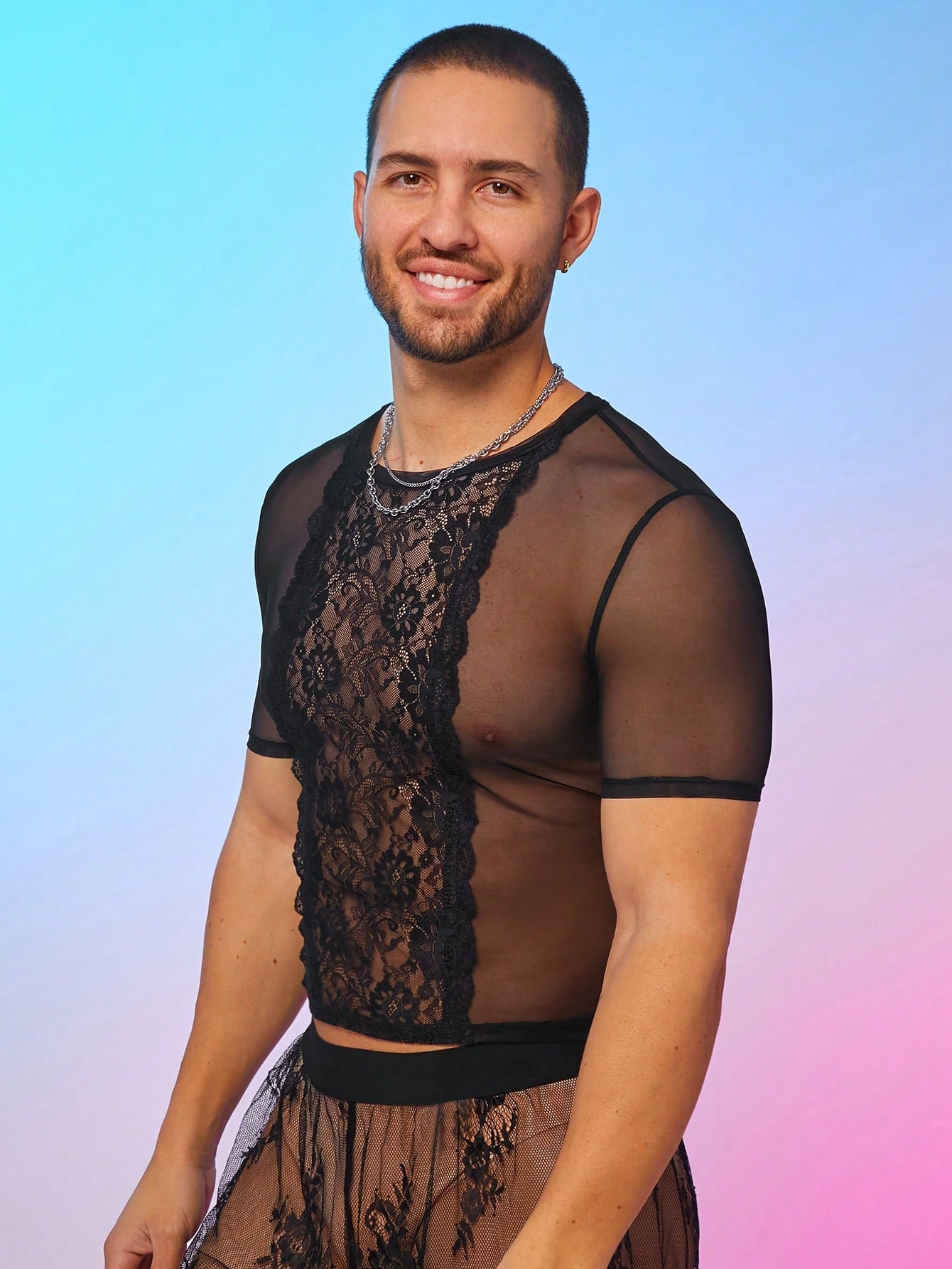 Men's Mesh & Lace Patchwork Round Neck T-Shirt