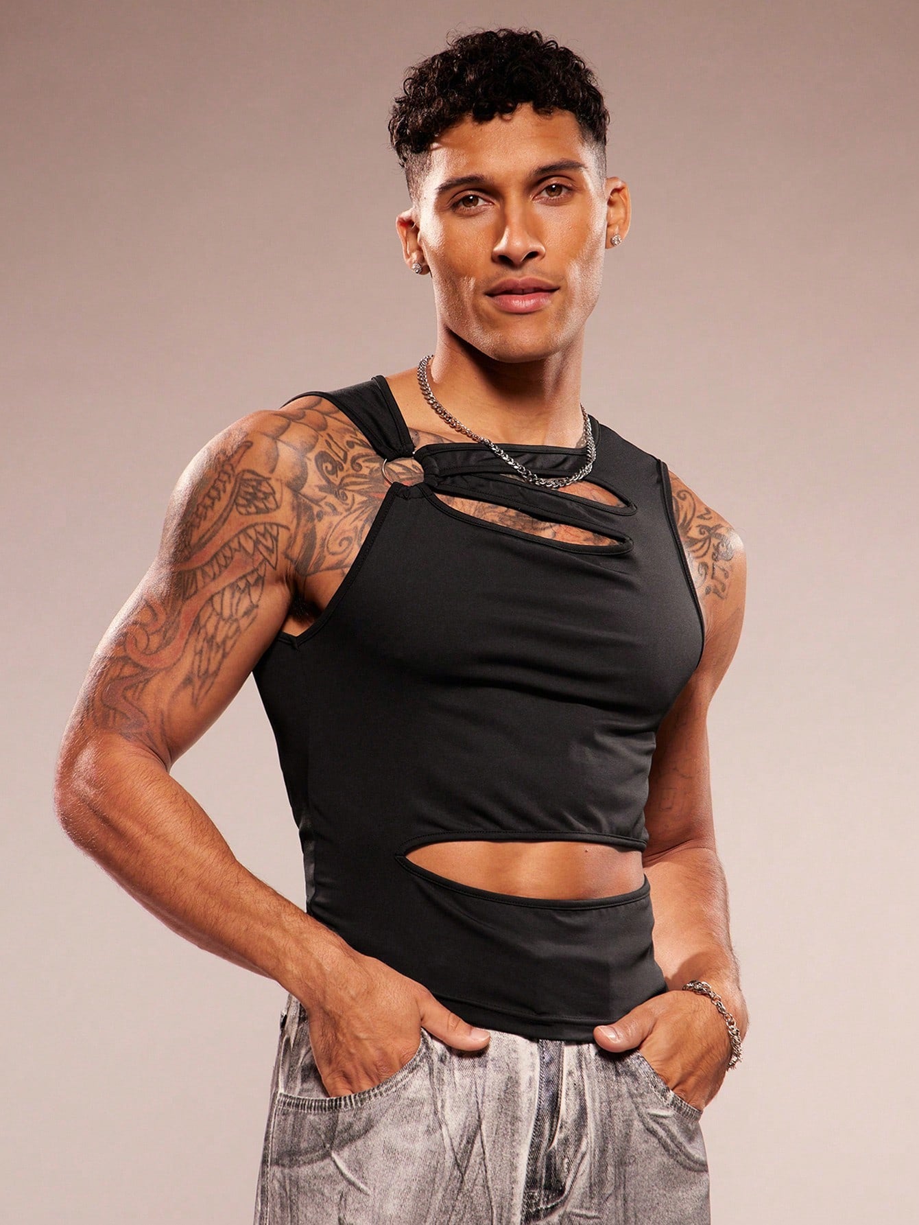 Men's Sleeveless Crew Neck Hollow-Out Knit Top