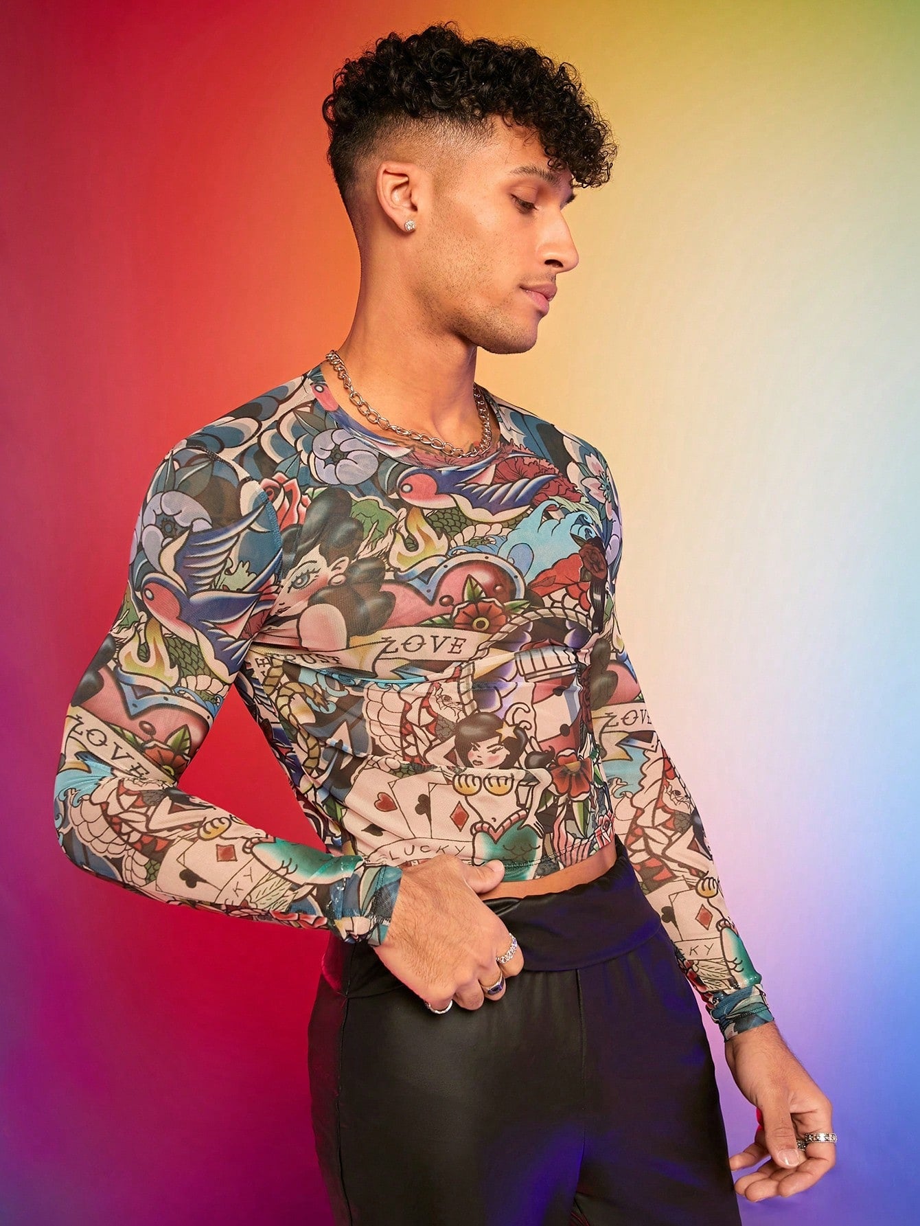 Men Funny Cartoon Print Slim Fit Long Sleeve T-Shirt