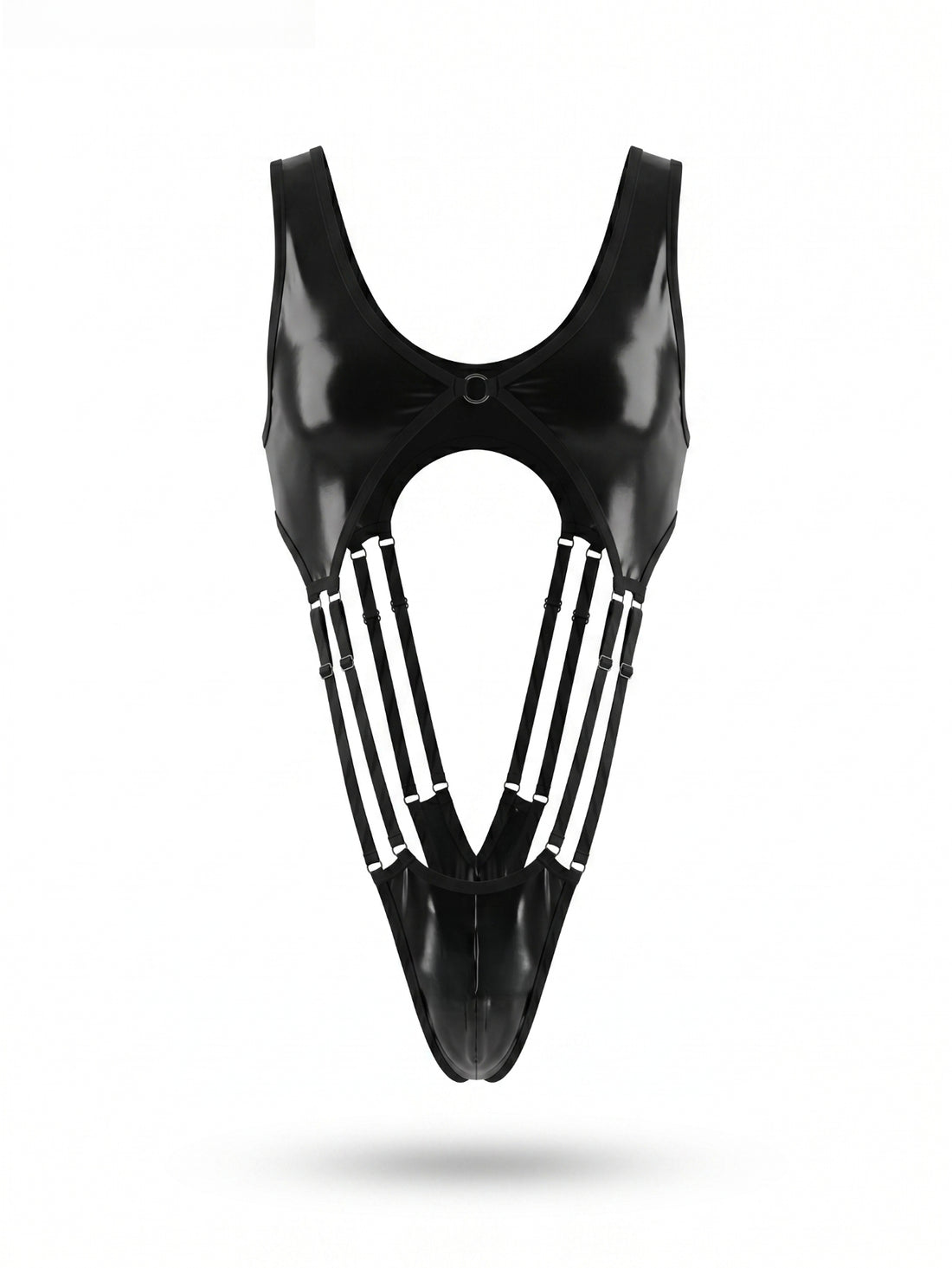 Black men's backless cross strap lingerie jumpsuit with ring detail and low rise thong design.
