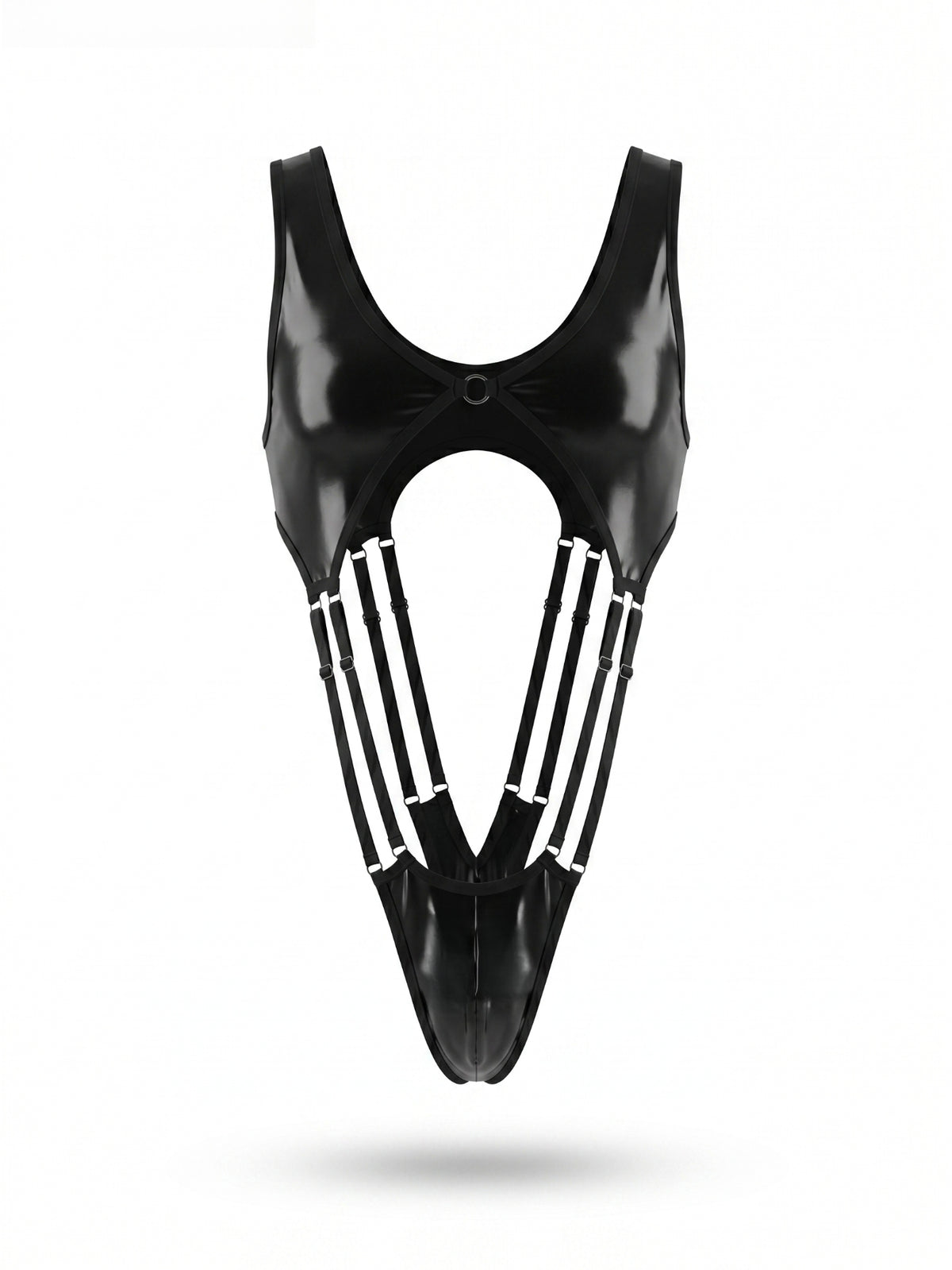 Black men's backless cross strap lingerie jumpsuit with ring detail and low rise thong design.