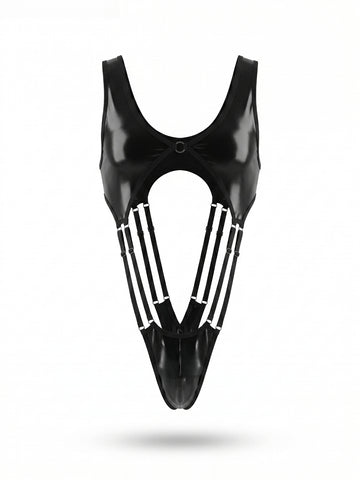 Black men's backless cross strap lingerie jumpsuit with ring detail and low rise thong design.