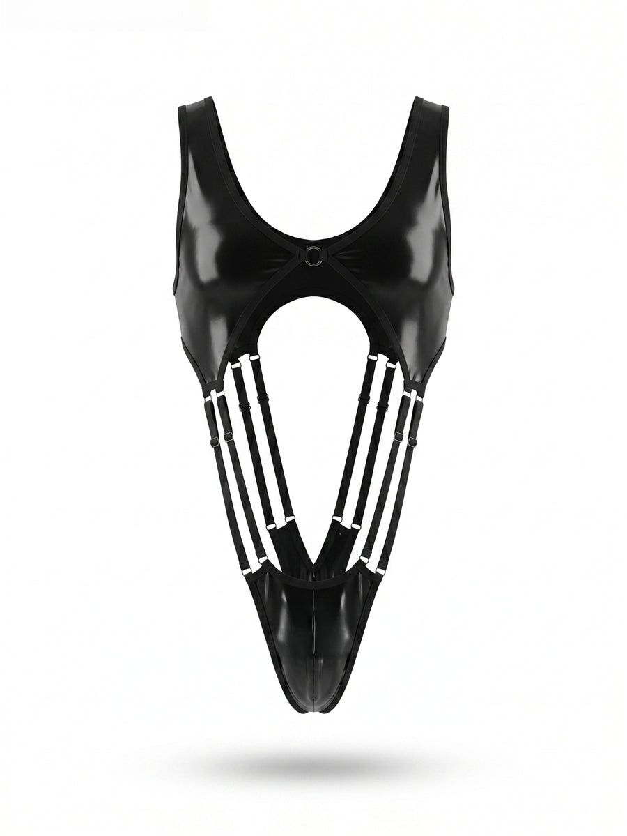 Black men's backless cross strap lingerie jumpsuit with ring detail and low rise thong design.