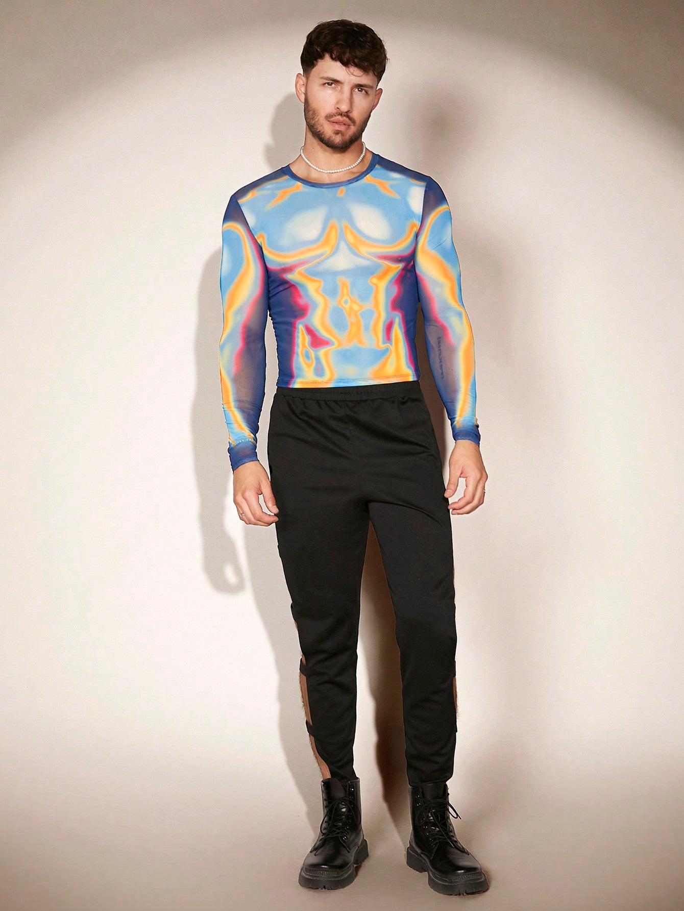 Men Body Heat Map Graphic Print Sheer Mesh Long Sleeve Tee