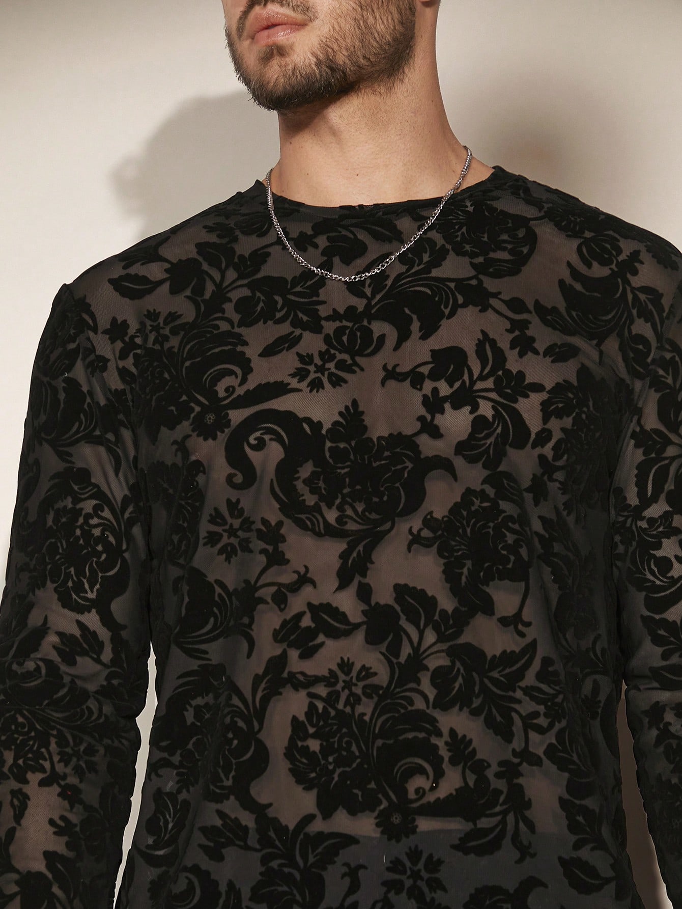 Men's Floral Print Sheer Mesh Long Sleeve T-Shirt