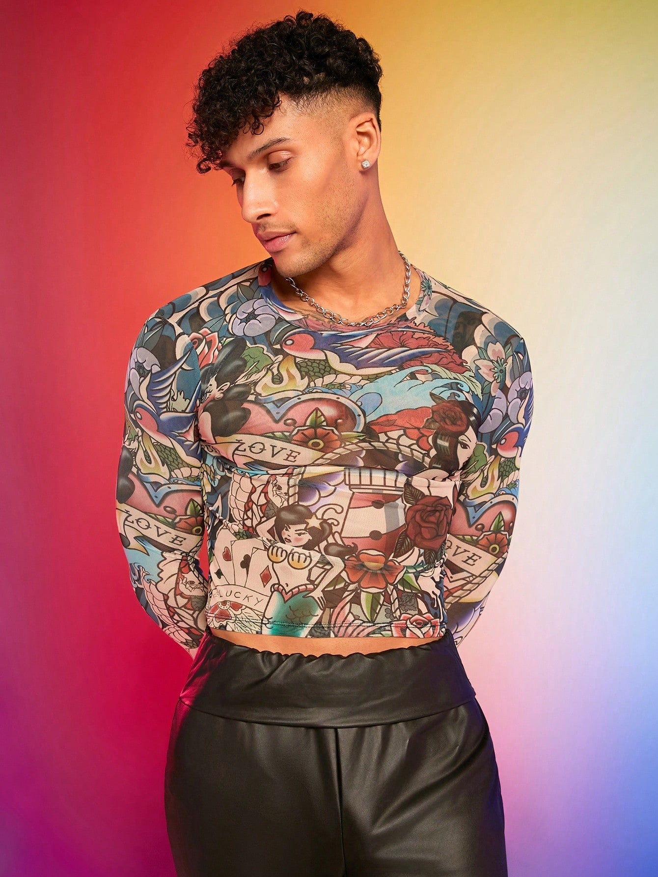 Men Funny Cartoon Print Slim Fit Long Sleeve T-Shirt