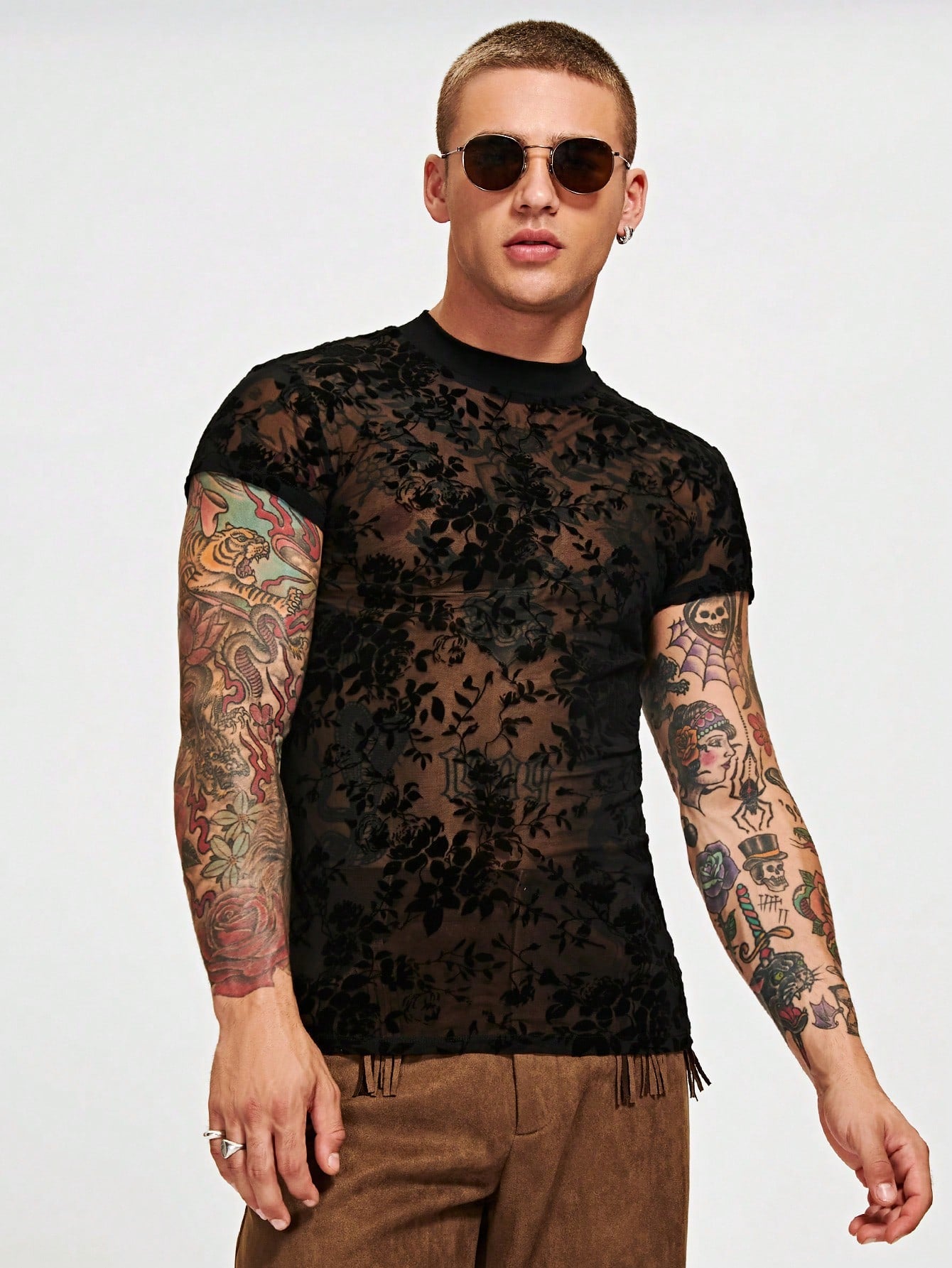 Men Floral Print Sheer Flocking Tee