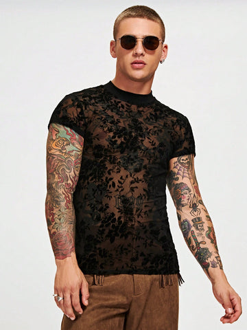 Men Floral Print Sheer Flocking Tee