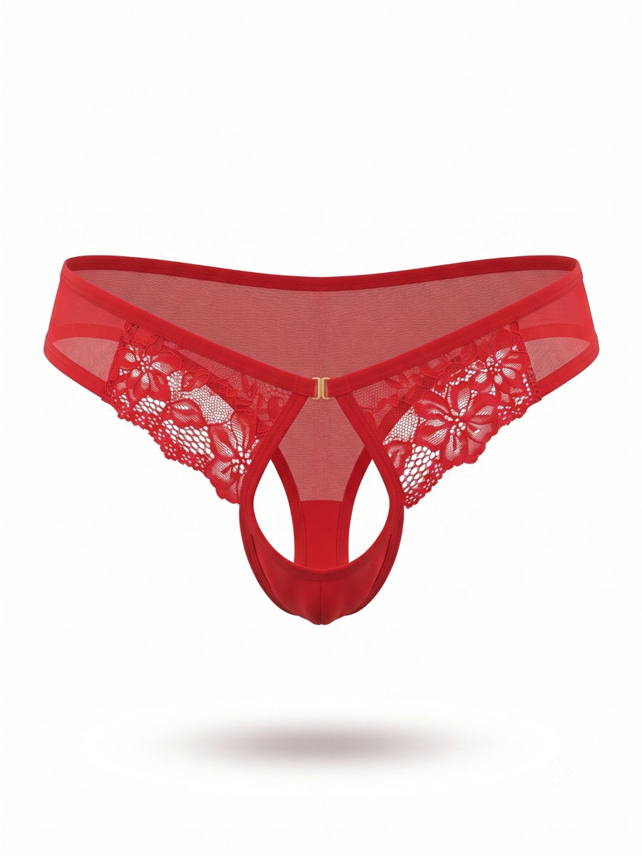 Red men's low-rise sheer mesh thong briefs with plant pattern, unlined design, and medium stretch fabric.