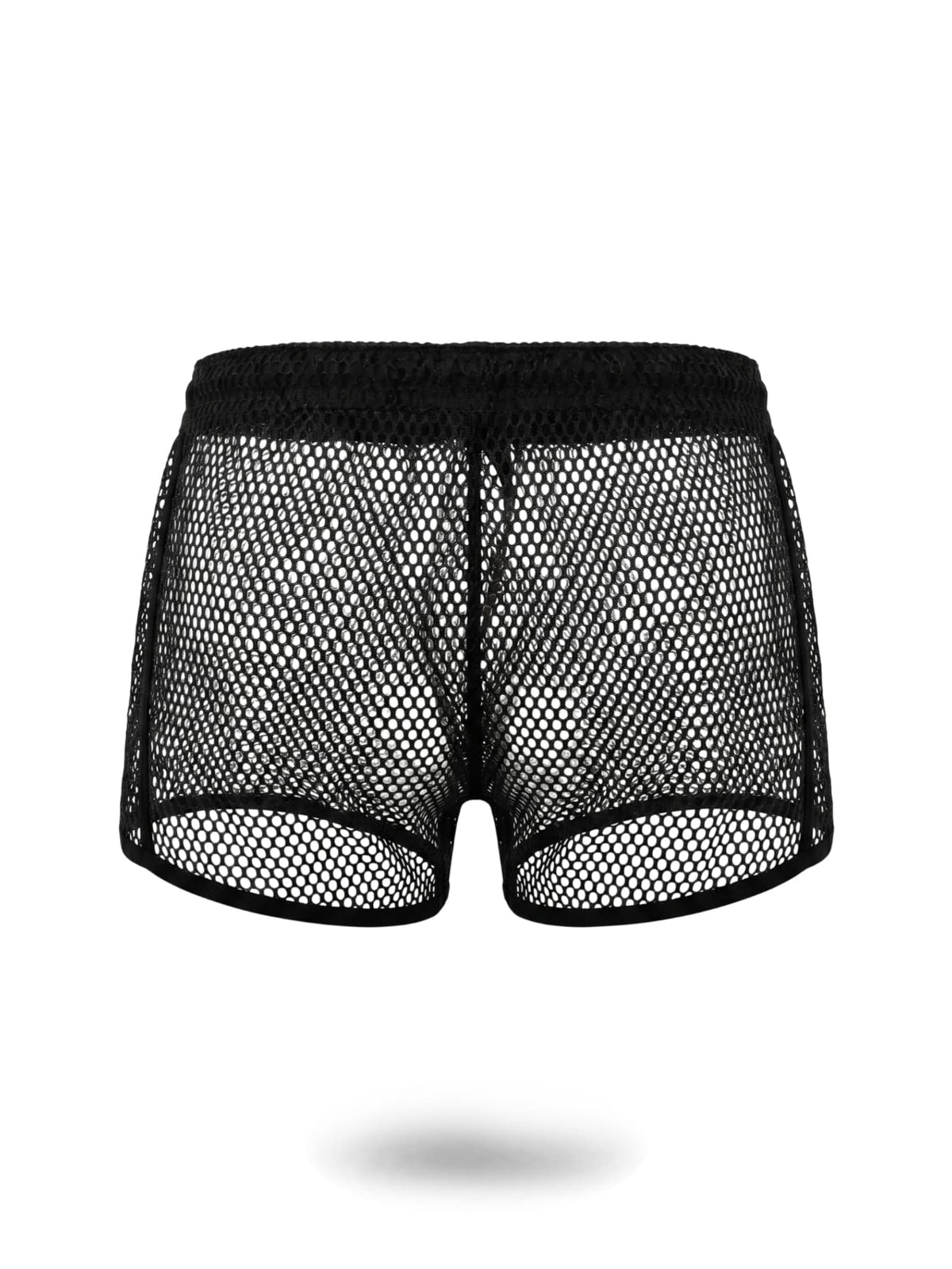Black men's mesh lace-up boxer shorts with hollow out detail, low rise waistband, and drawstring.