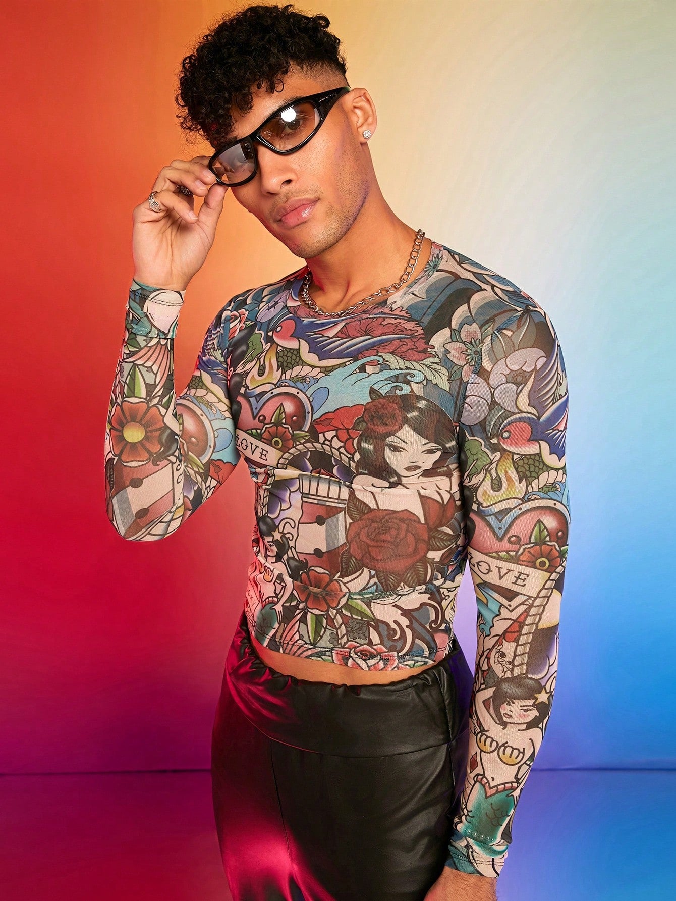 Men Funny Cartoon Print Slim Fit Long Sleeve T-Shirt