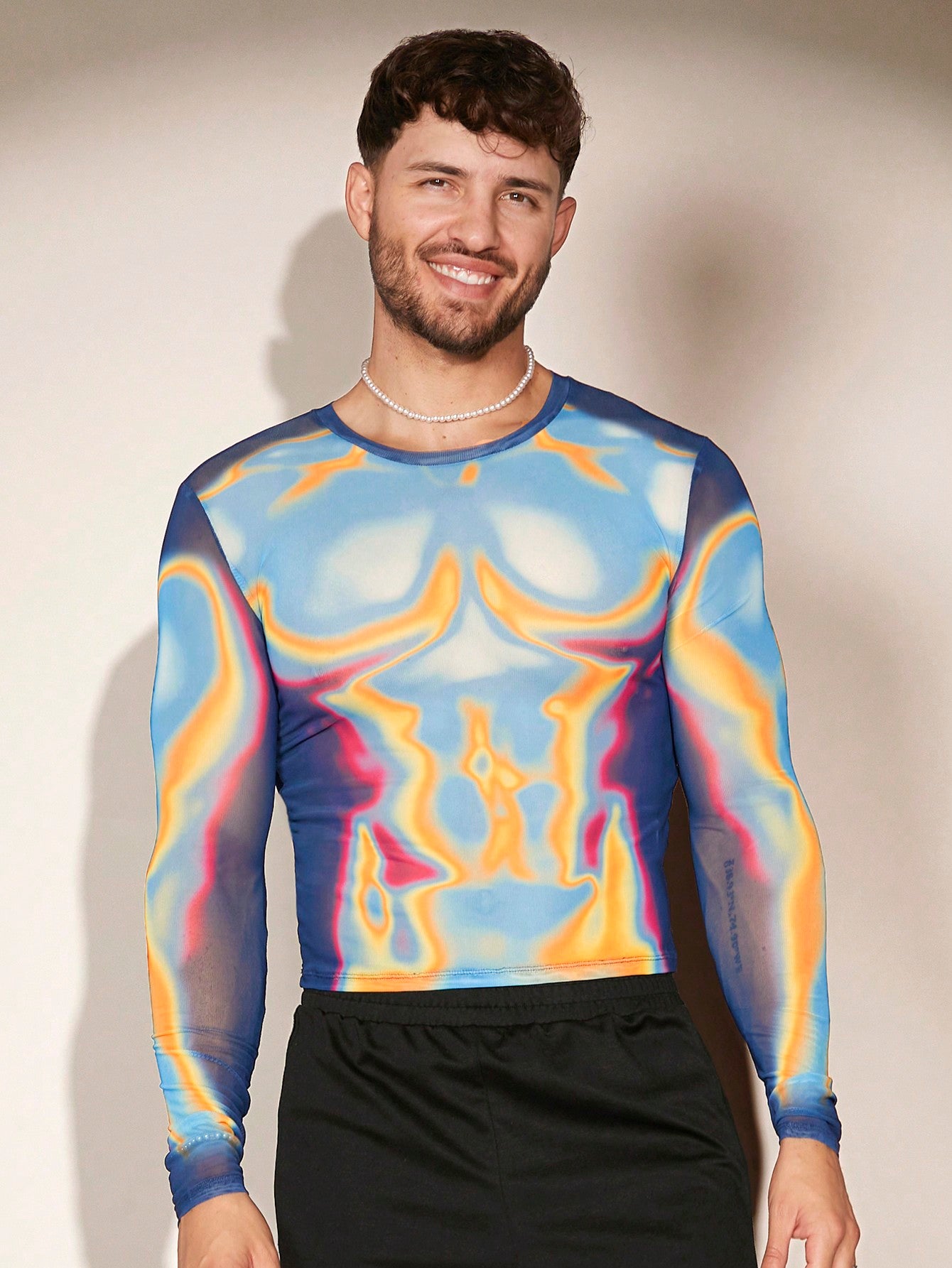 Men Body Heat Map Graphic Print Sheer Mesh Long Sleeve Tee